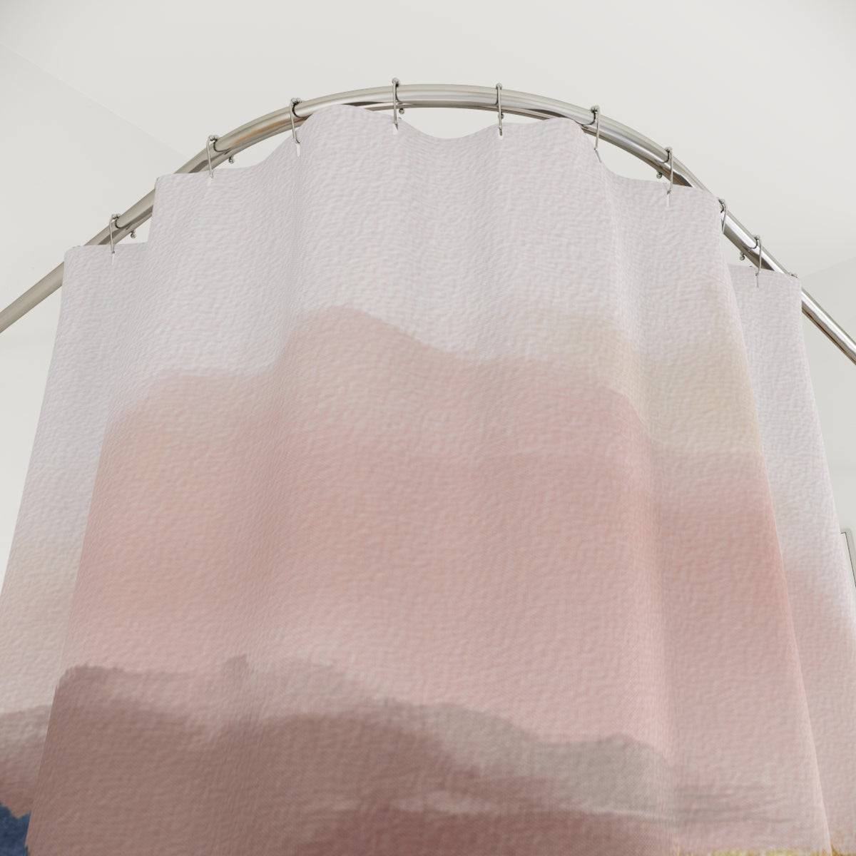 a shower curtain with a pink and white gradient design.