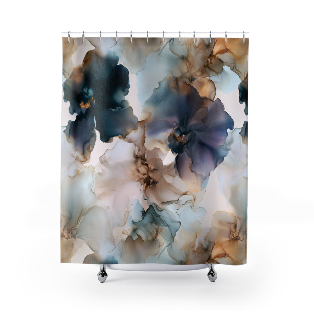 Navy Beige Ink Floral Shower Curtain, Bath Curtain 71x74