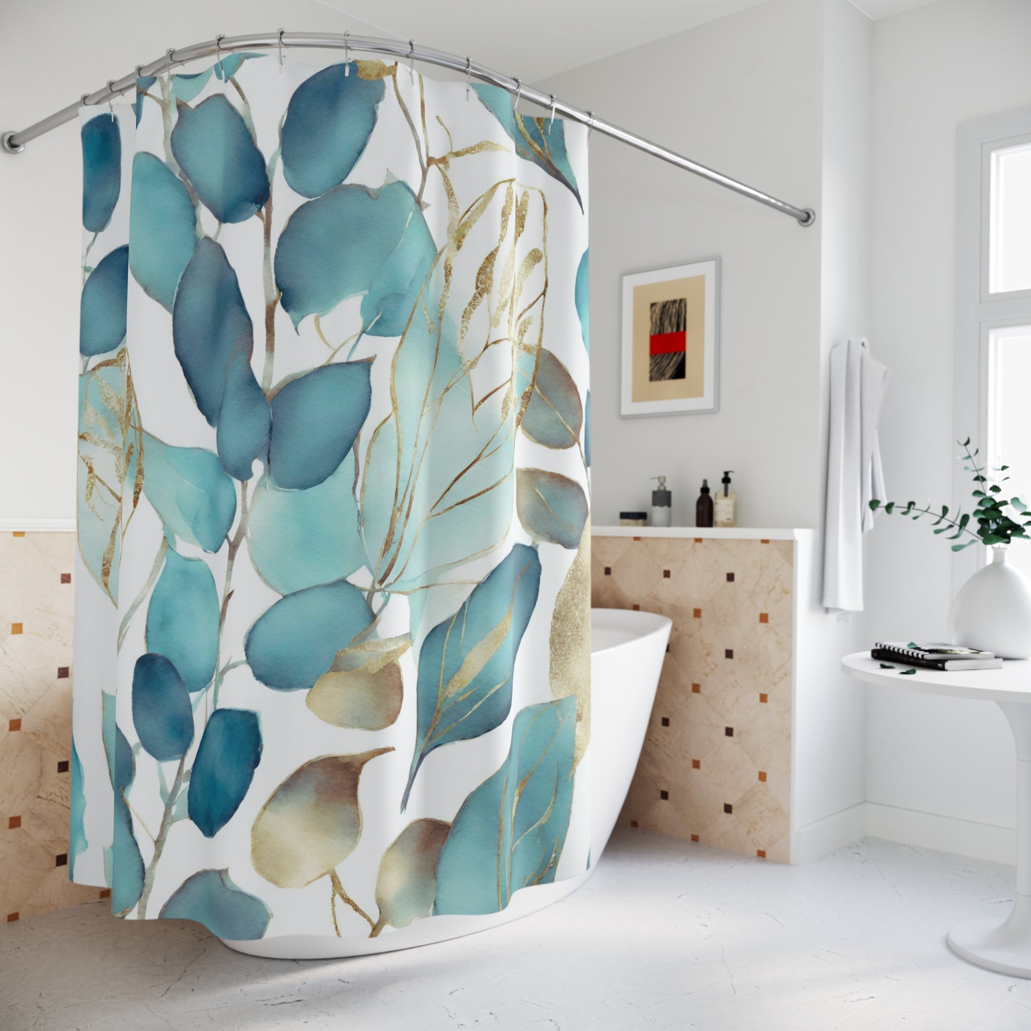 Floral Shower Curtain | Teal Blue Green Leaves Bathroom Decor