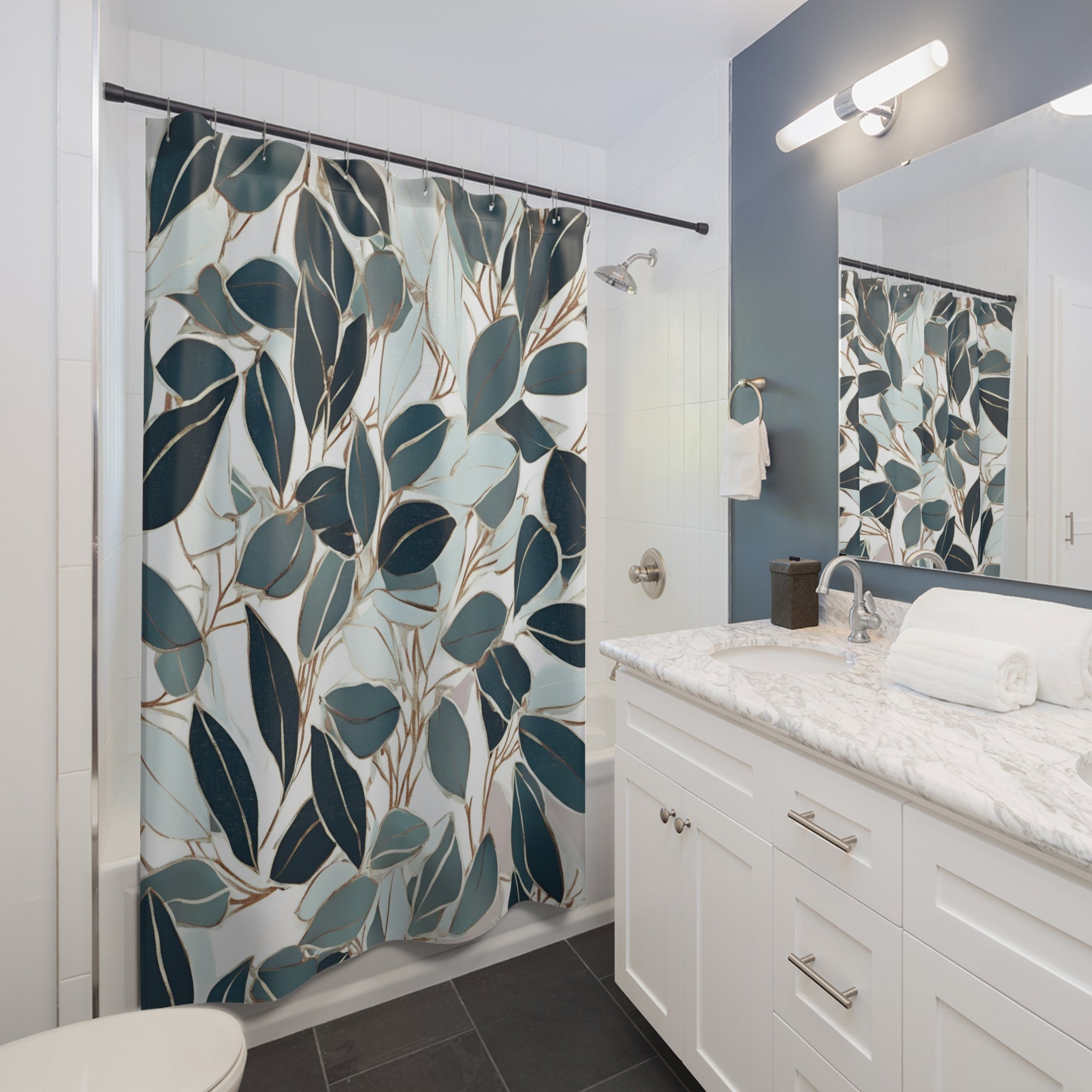 Floral Shower Curtain | Mint Blue, Green Leaves