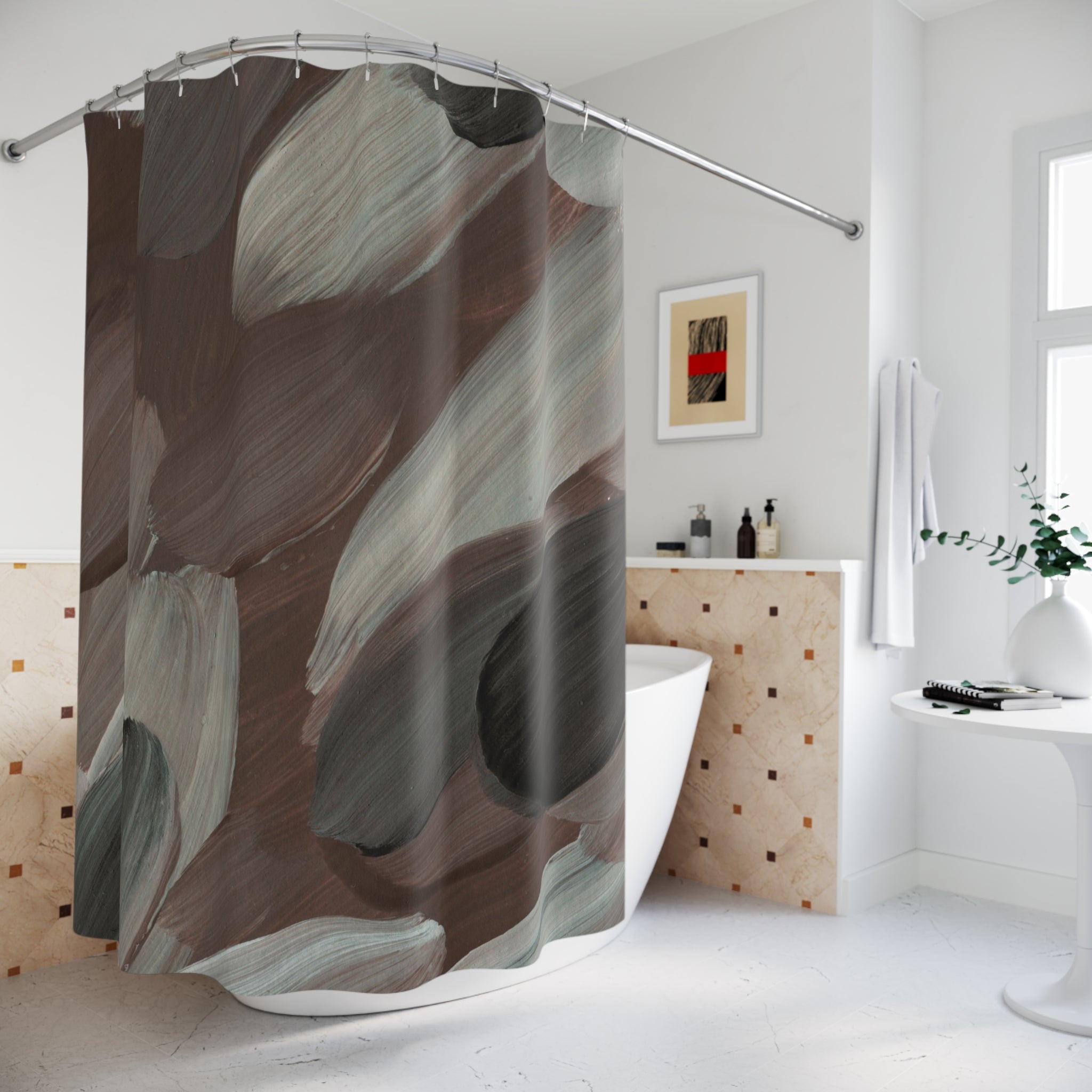 Abstract Shower Curtain | Earthy Brown Beige, Grey Watercolor