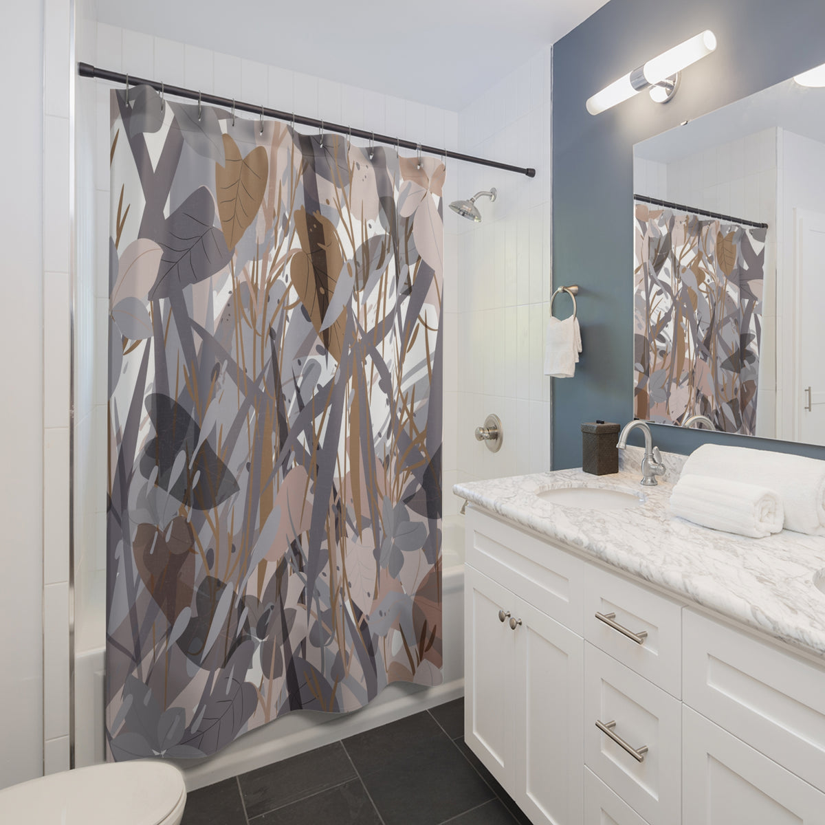 Grey Mauve Layered Leaf Shower Curtain, Bath Curtain 71x74