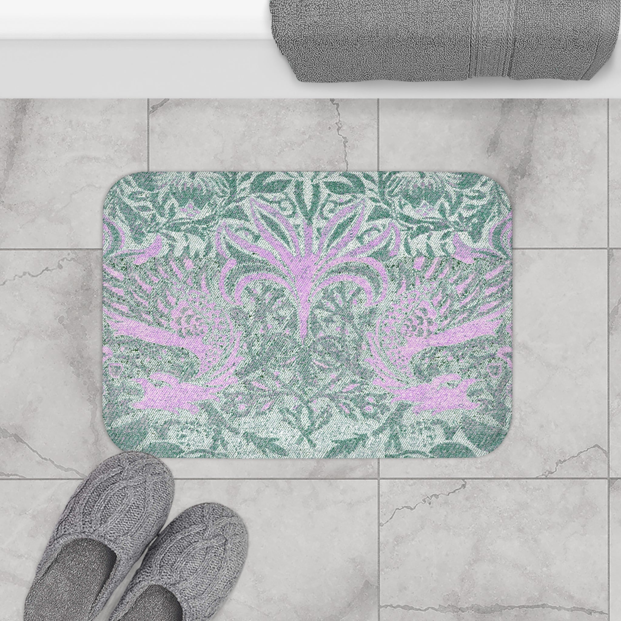 Abstract Bath Mat | Vintage Sage Green, Pink Whimsy Kitchen Mat