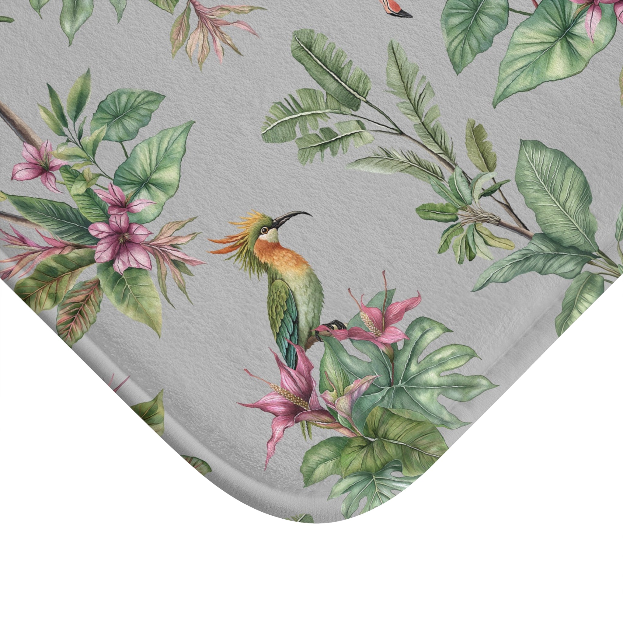 Tropical Bath Mat | Grey Green, Pink Flamingo, Birds Nature Kitchen Mat