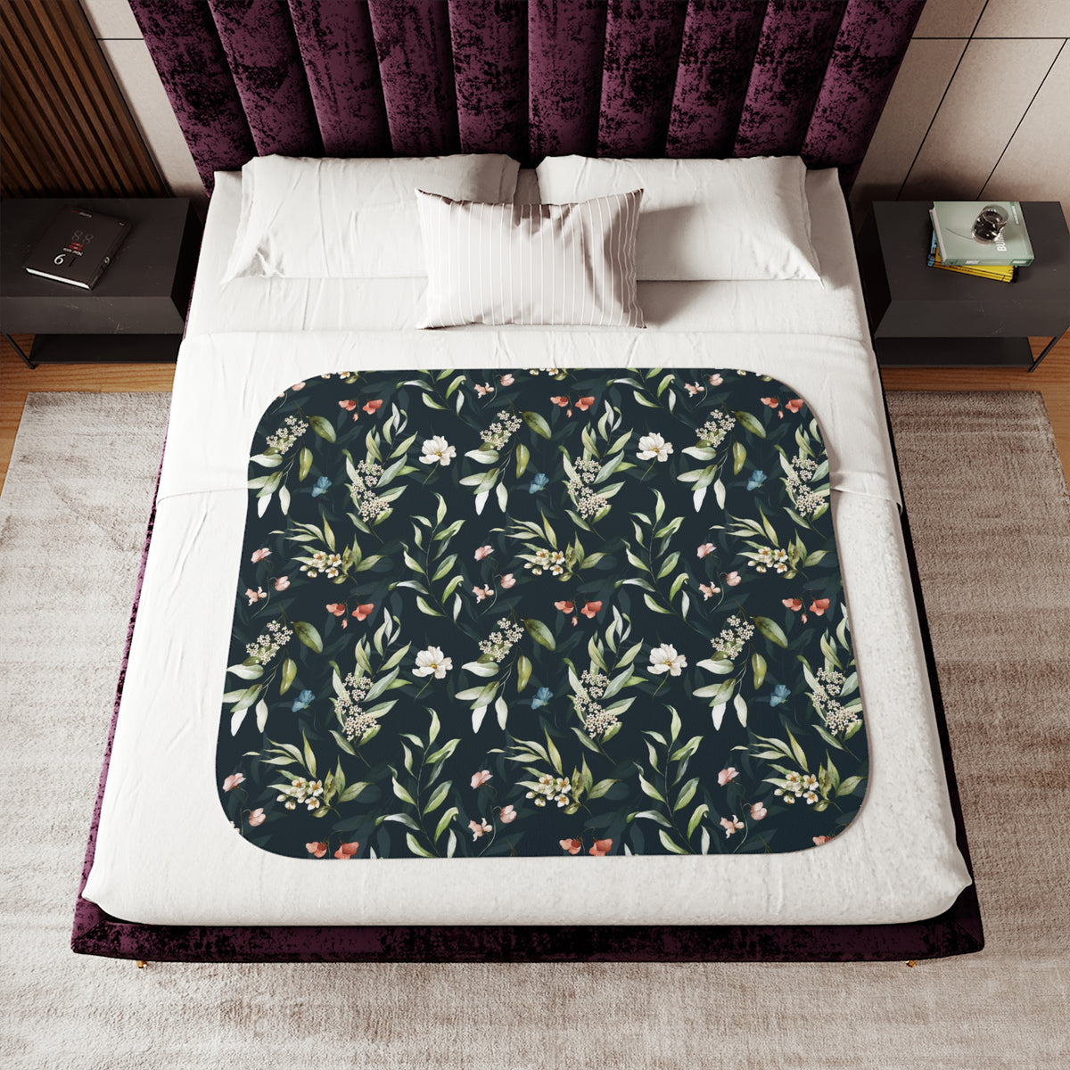 Navy Blue Wildflower Sherpa Blanket | Sage Coral Floral Throw