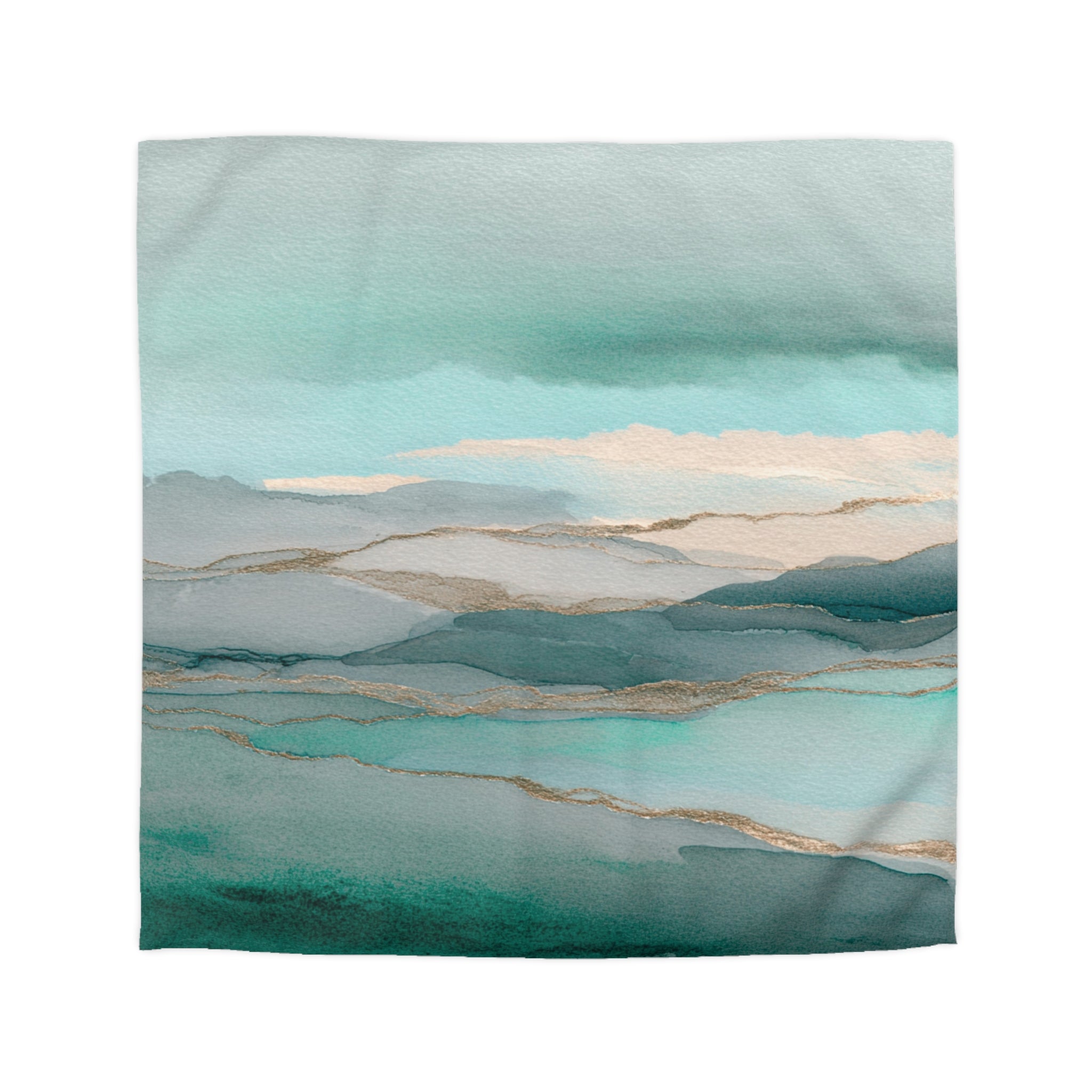 The image is a watercolor painting depicting a serene landscape with rolling hills and a body of water. The colors used are shades of blue, green, and gray, creating a calming and peaceful atmosphere.