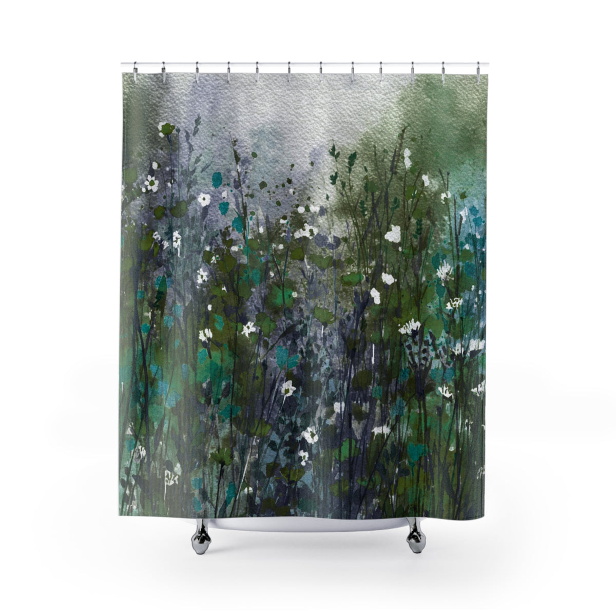 a vibrant and colorful painting of a field of flowers, with a mix of green, blue, and white hues. The painting is displayed on a metal stand, showcasing the artist's skill and creativity in capturing the beauty of nature.