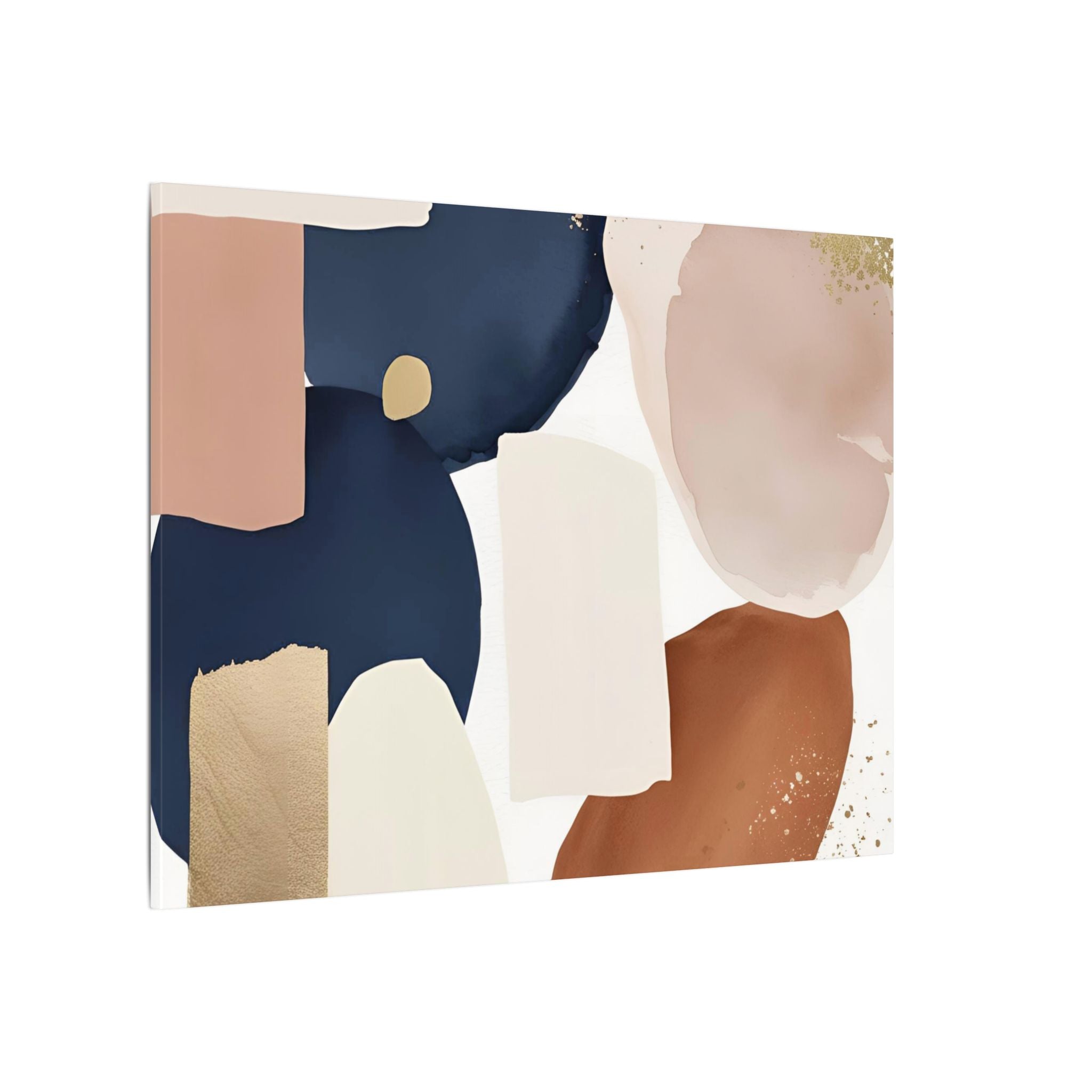 The image is a modern abstract art piece featuring a variety of colors and shapes, including shades of blue, pink, white, and brown.