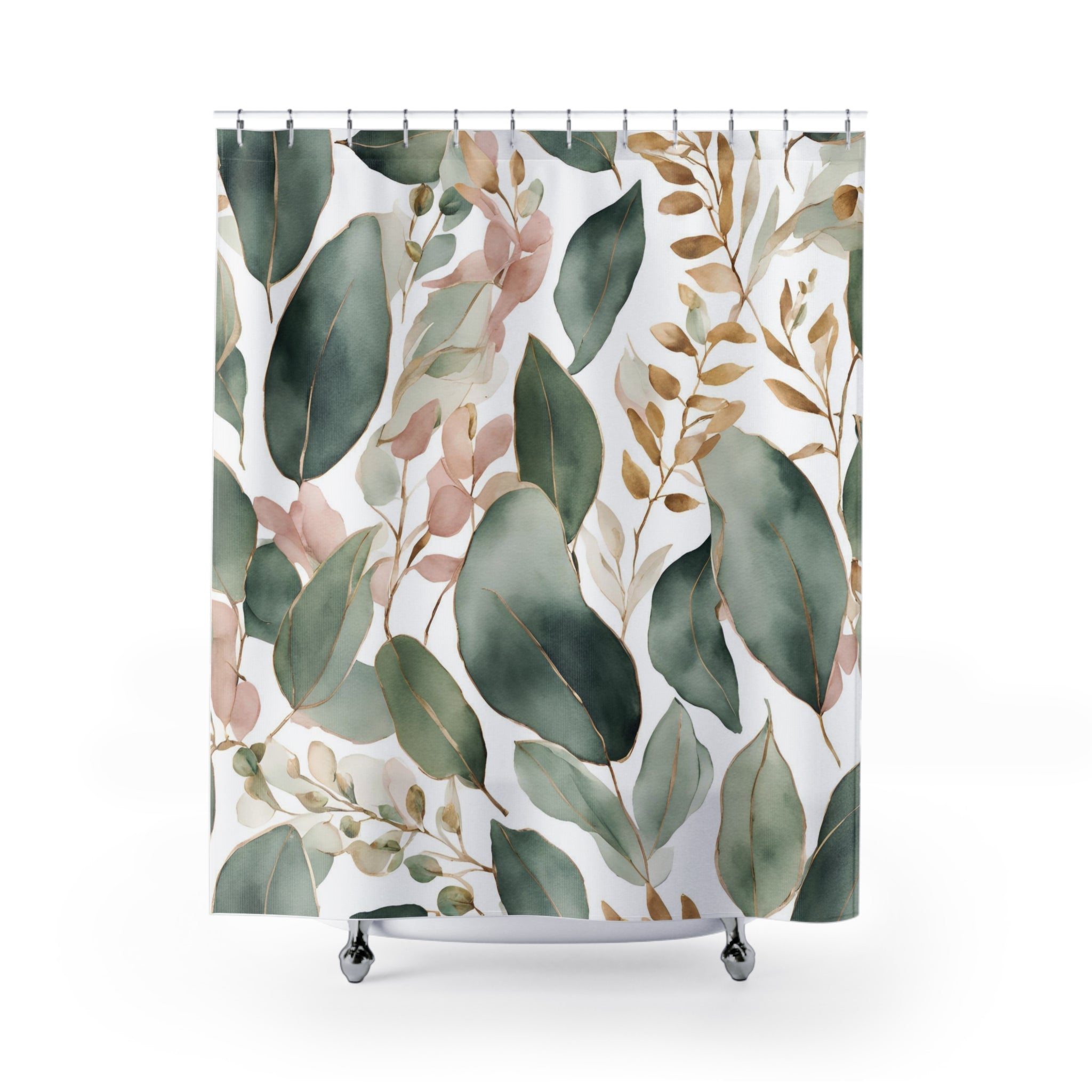 Floral Shower Curtain, Bath Mat | Sage Green, Blush White Watercolor Bathroom Set