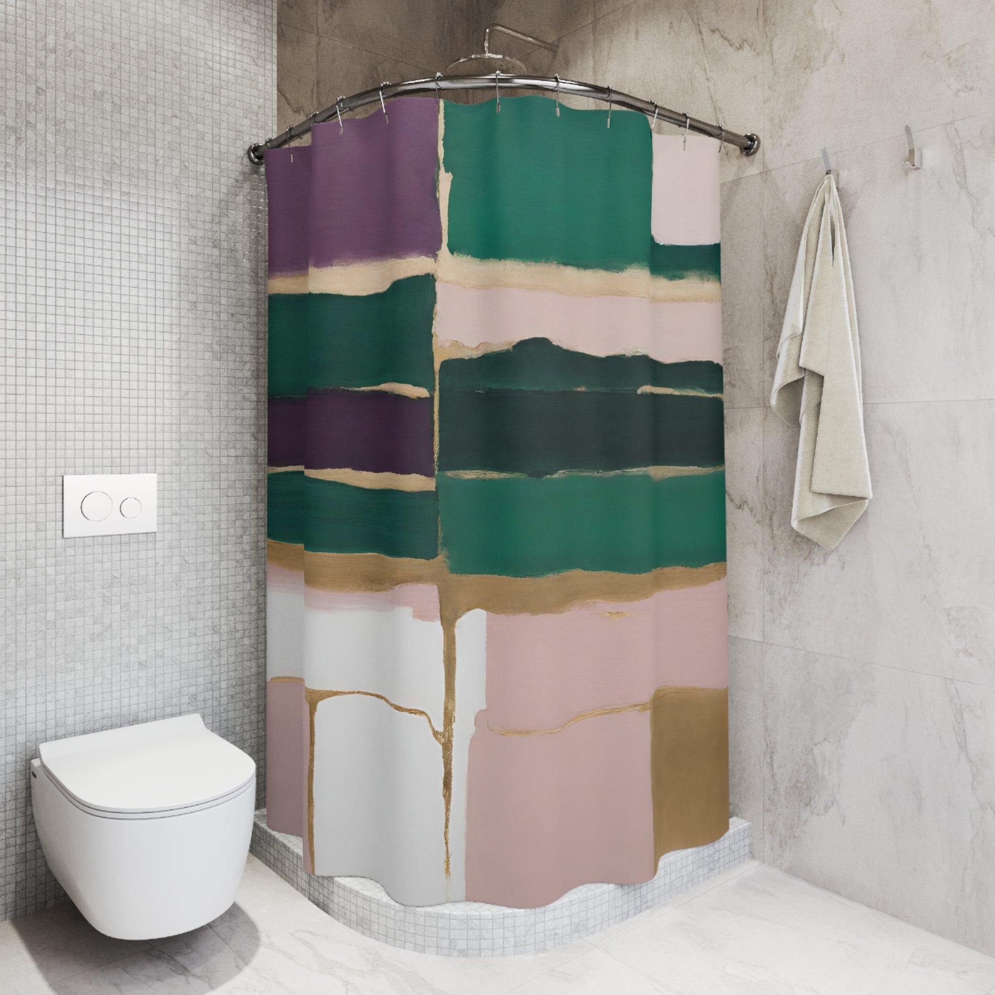 Boho Abstract Shower Curtain | Emerald Green Purple Pink