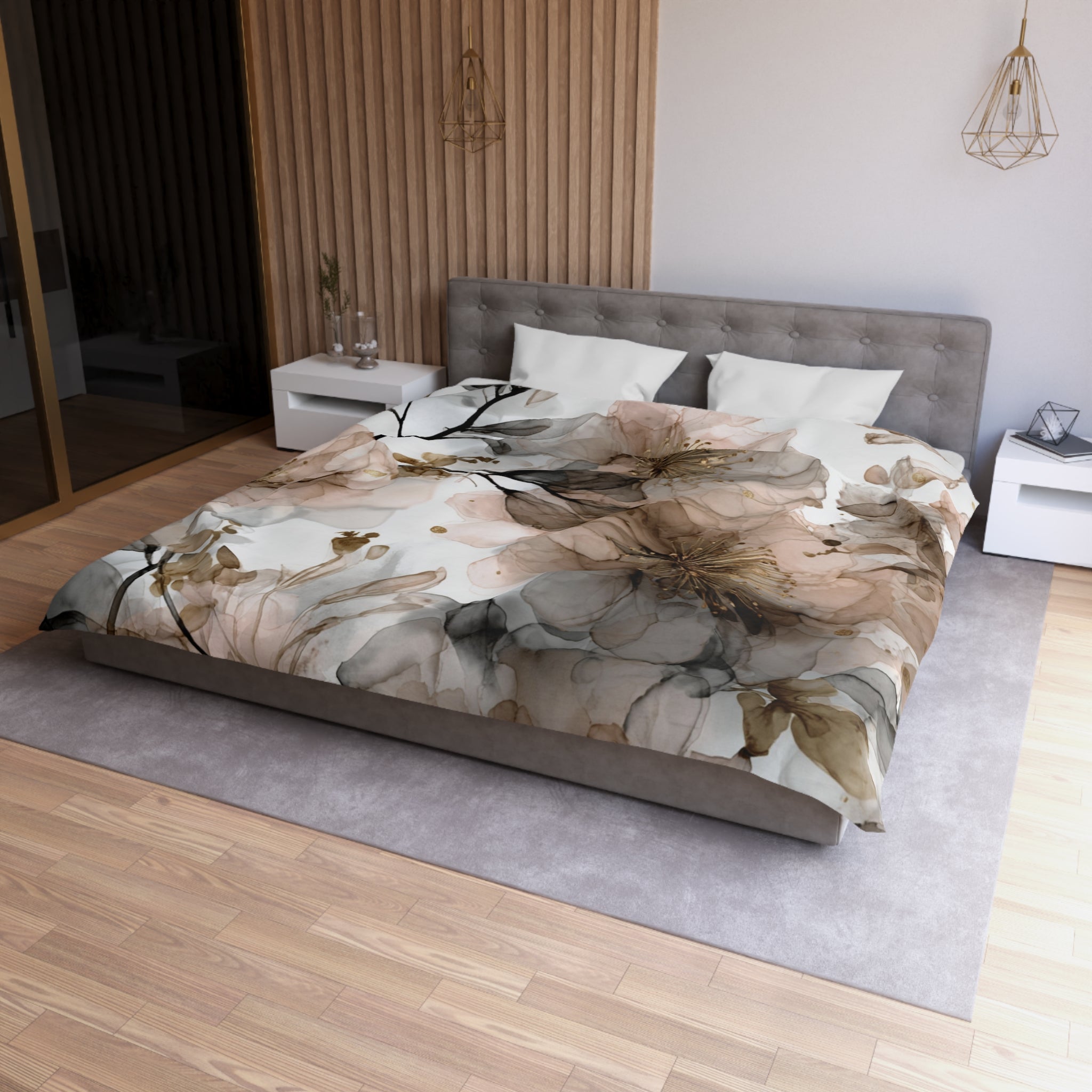 Abstract Floral Duvet Cover Set | Grey Watercolor Bedding in Emerald Green