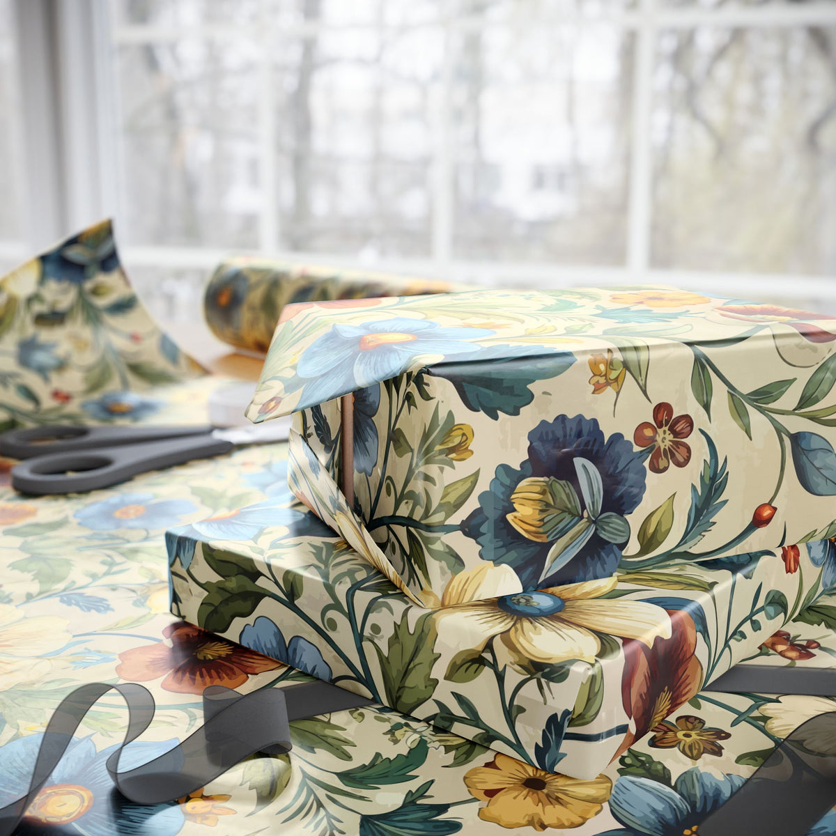 Cream Blue Rust Chintz Floral Wrapping Paper, Gift Wrap