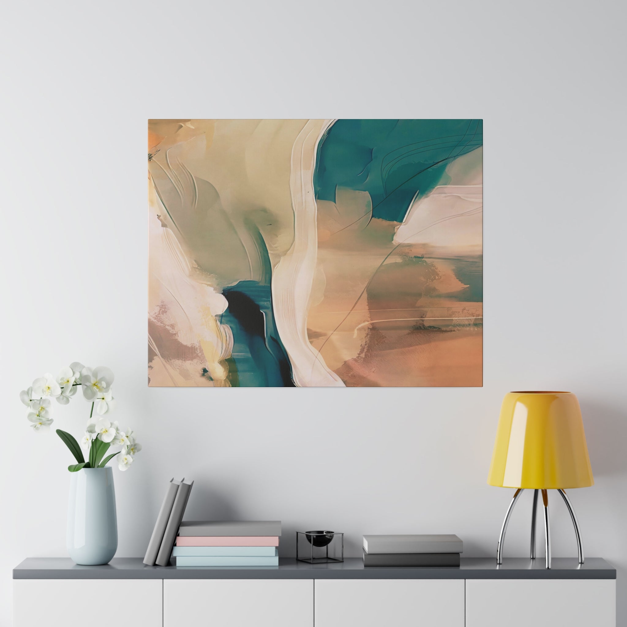 Earthy beige and teal abstract canvas art, close-up of the brushstroke detail