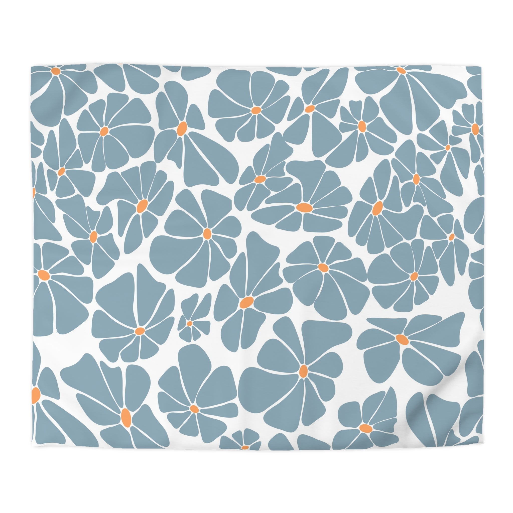 Retro, Floral Duvet Cover | Powder Blue White Orange Bedding | Bedroom Decor