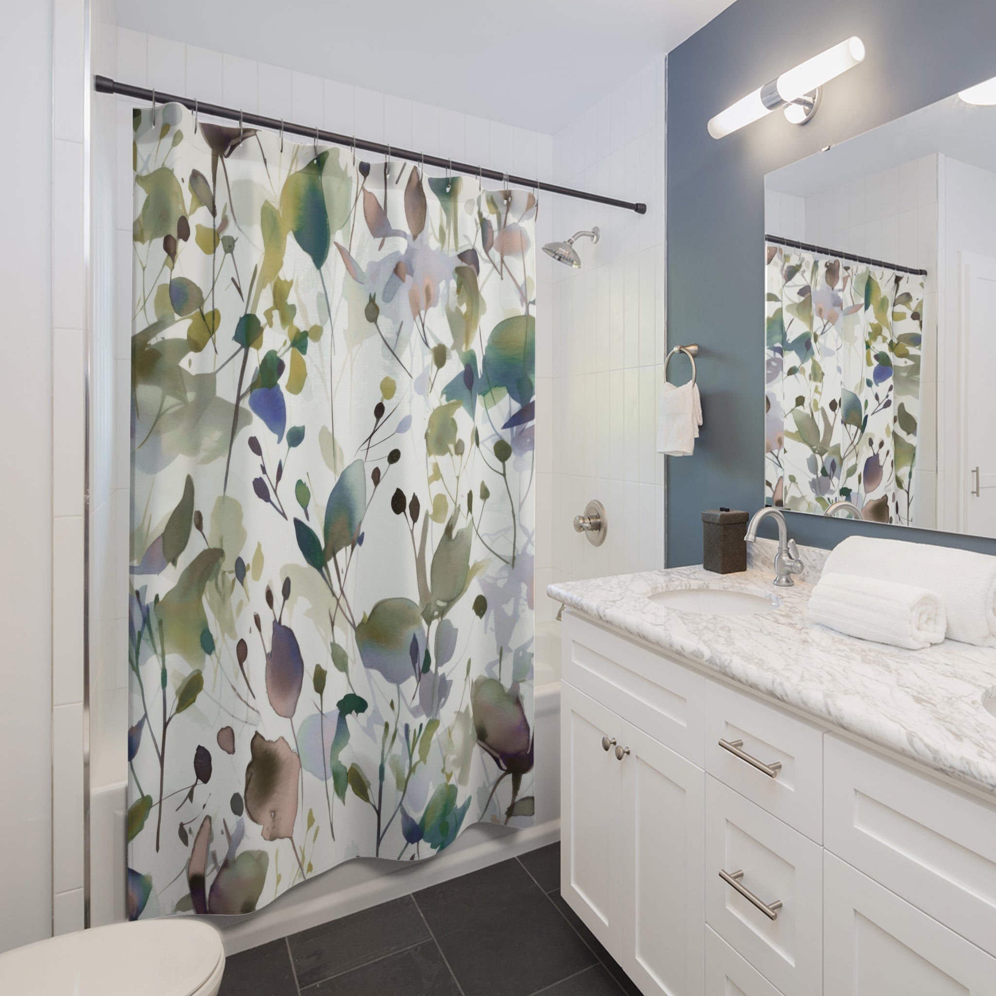 Boho Shower Curtain | Sage Green White, Colorful Floral Watercolor