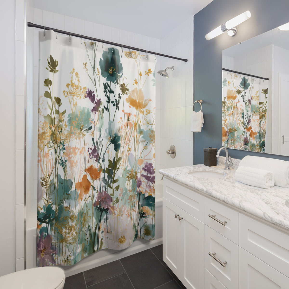 Teal Orange Boho Wildflower Shower Curtain, Bath Curtain 71x74