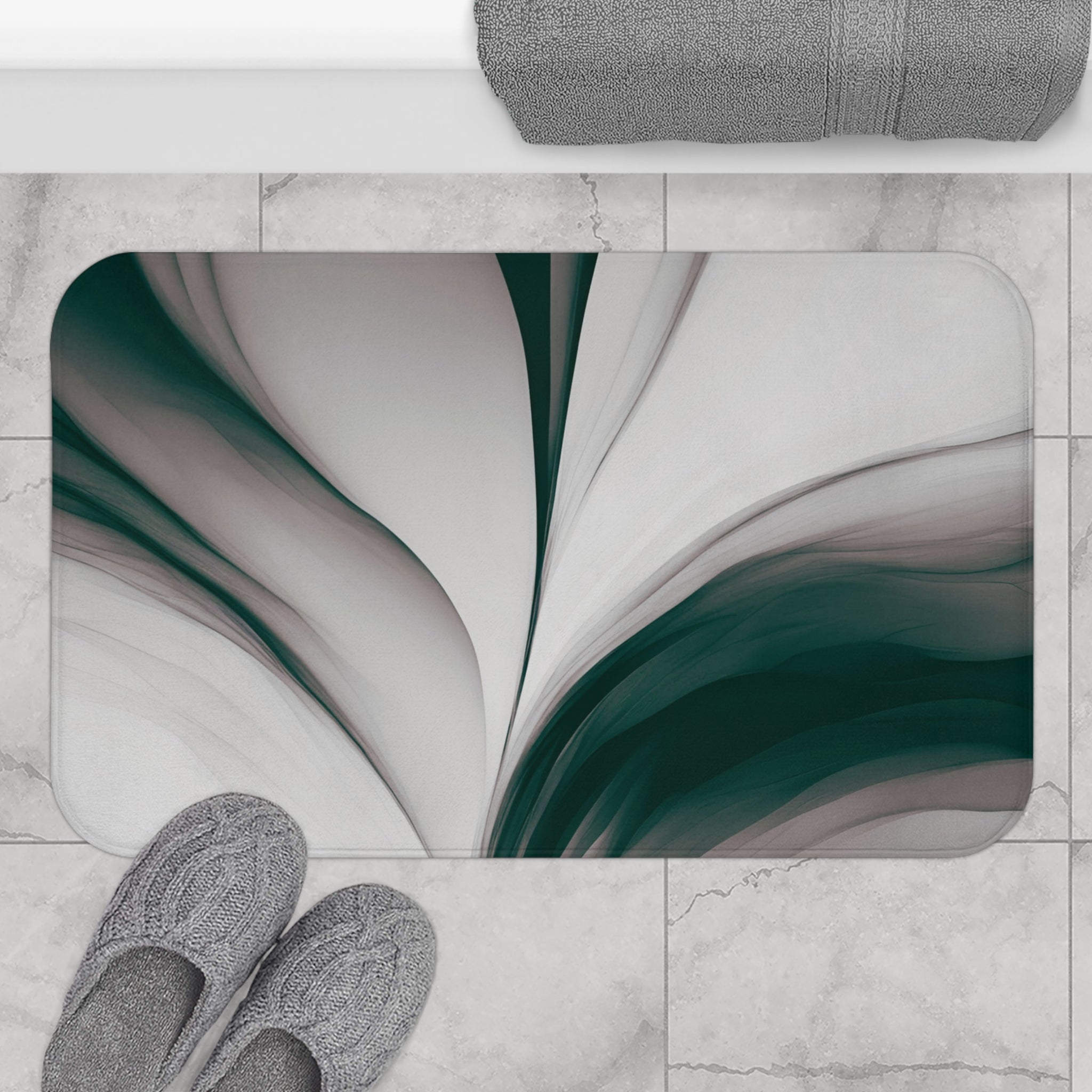 Abstract Kitchen, Bath Mat | Forest Green, Grey Watercolor