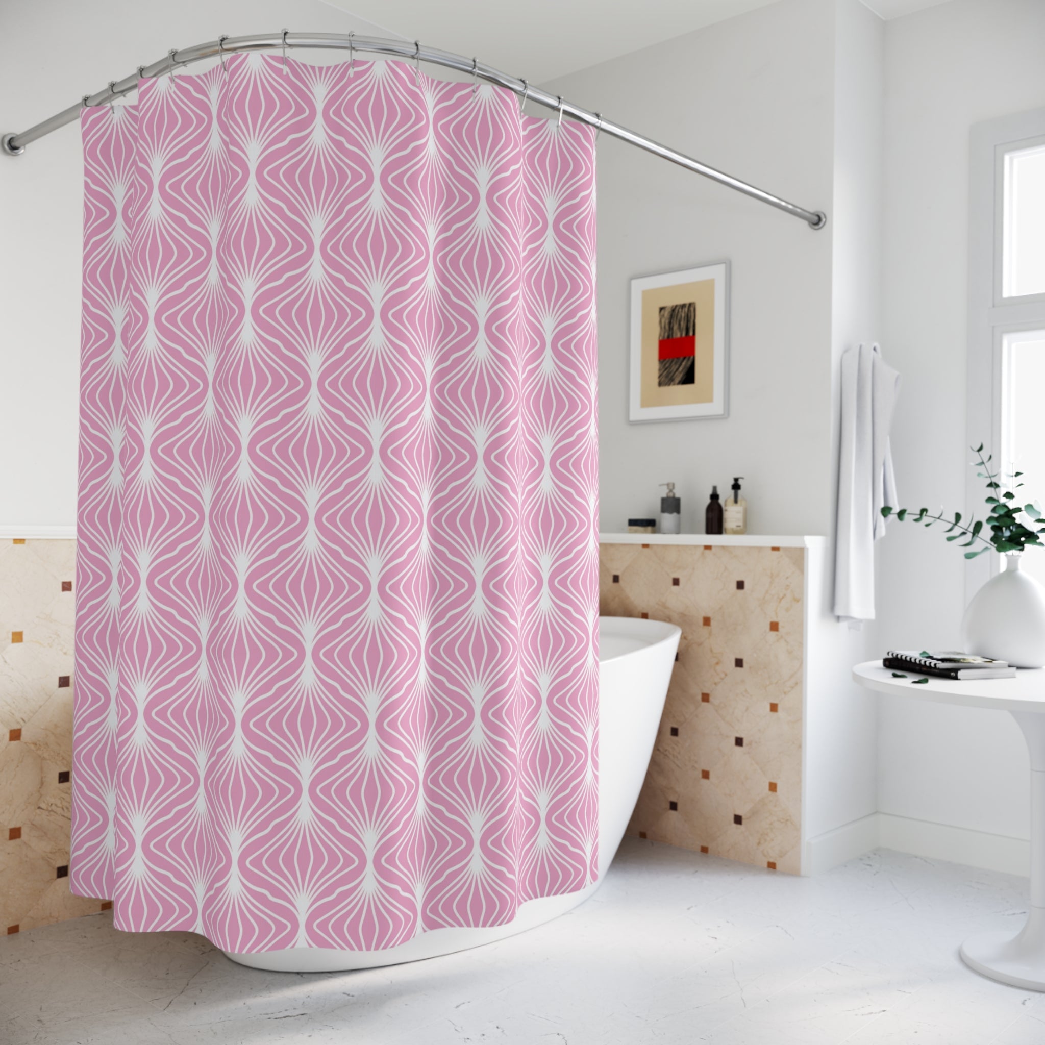 Art Deco Shower Curtain | Pink White Art Nouveau