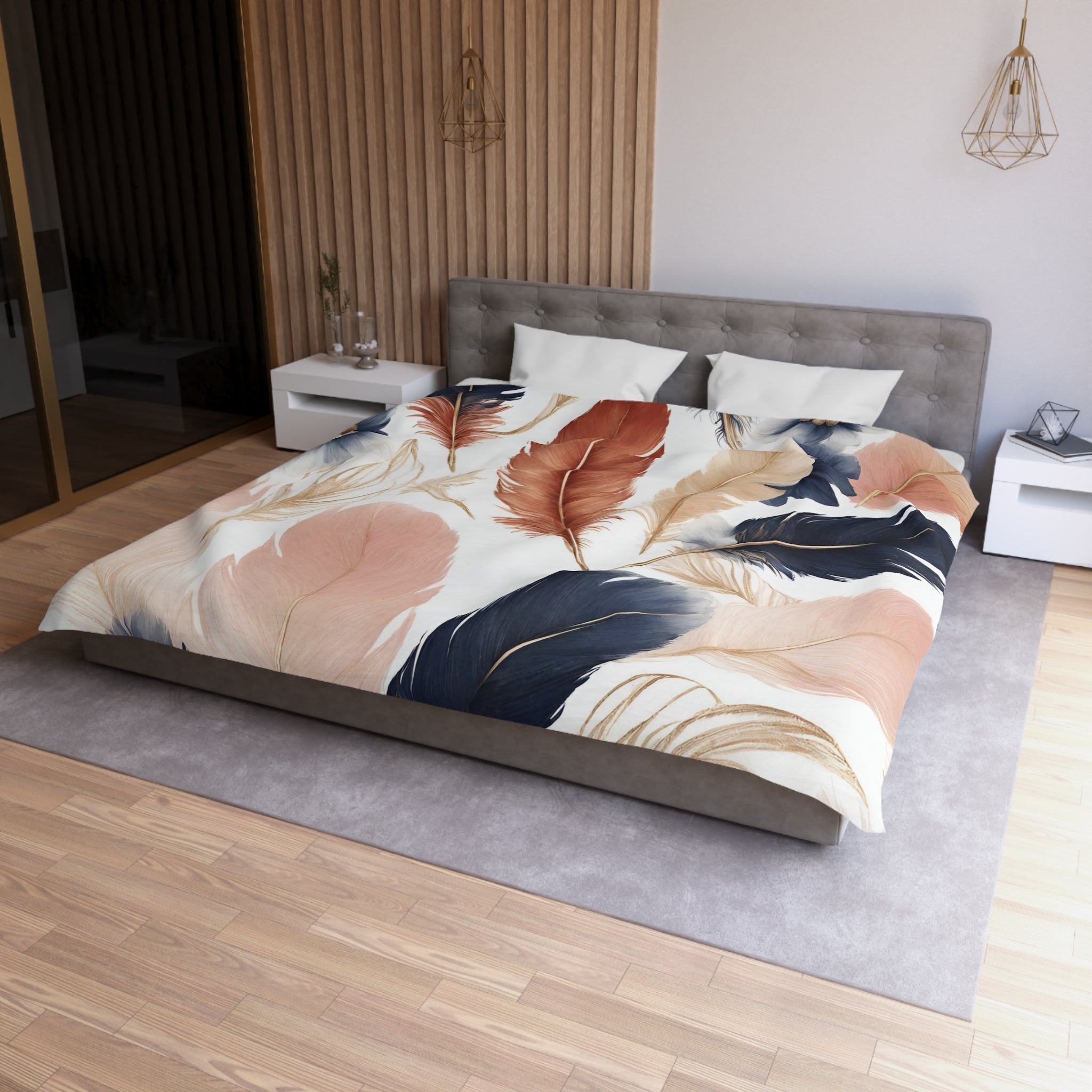 a modern bedroom with a large bed covered in a colorful feather-patterned comforter. The bed is positioned against a wall with a wooden paneling, and there are two nightstands on either side of the bed. The room has a minimalist and stylish design, with a gray headboard and a gray carpet on the floor.
