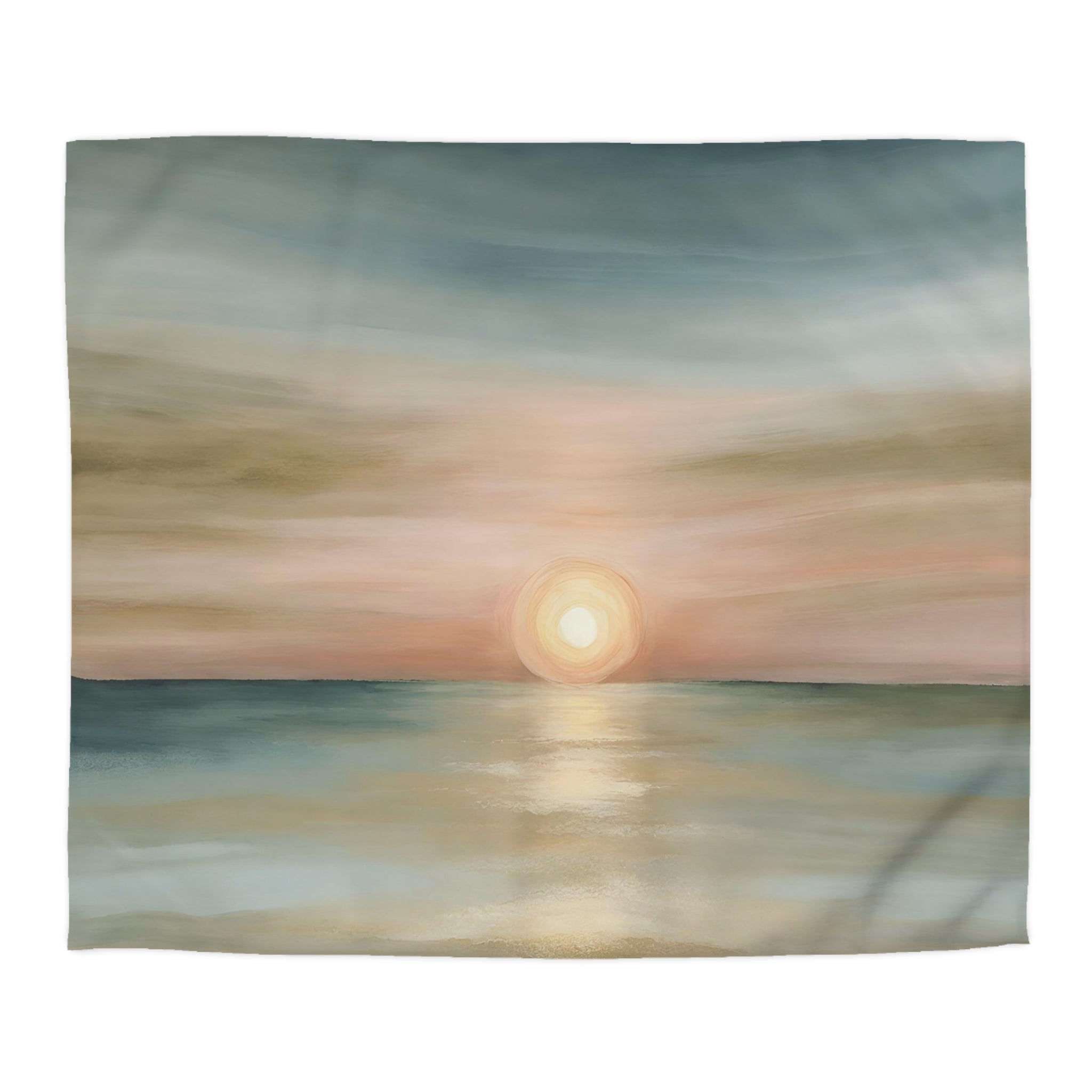 Abstract Sunset Duvet Pillow Cover Set | Beige Sun, Teal Green Blue, Blush Pink