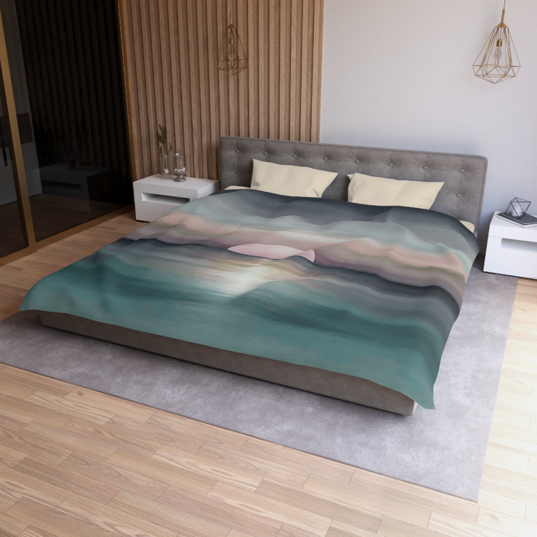 Abstract Ocean Duvet Pillow Cover Set | Teal Green Blue, Pink Sun