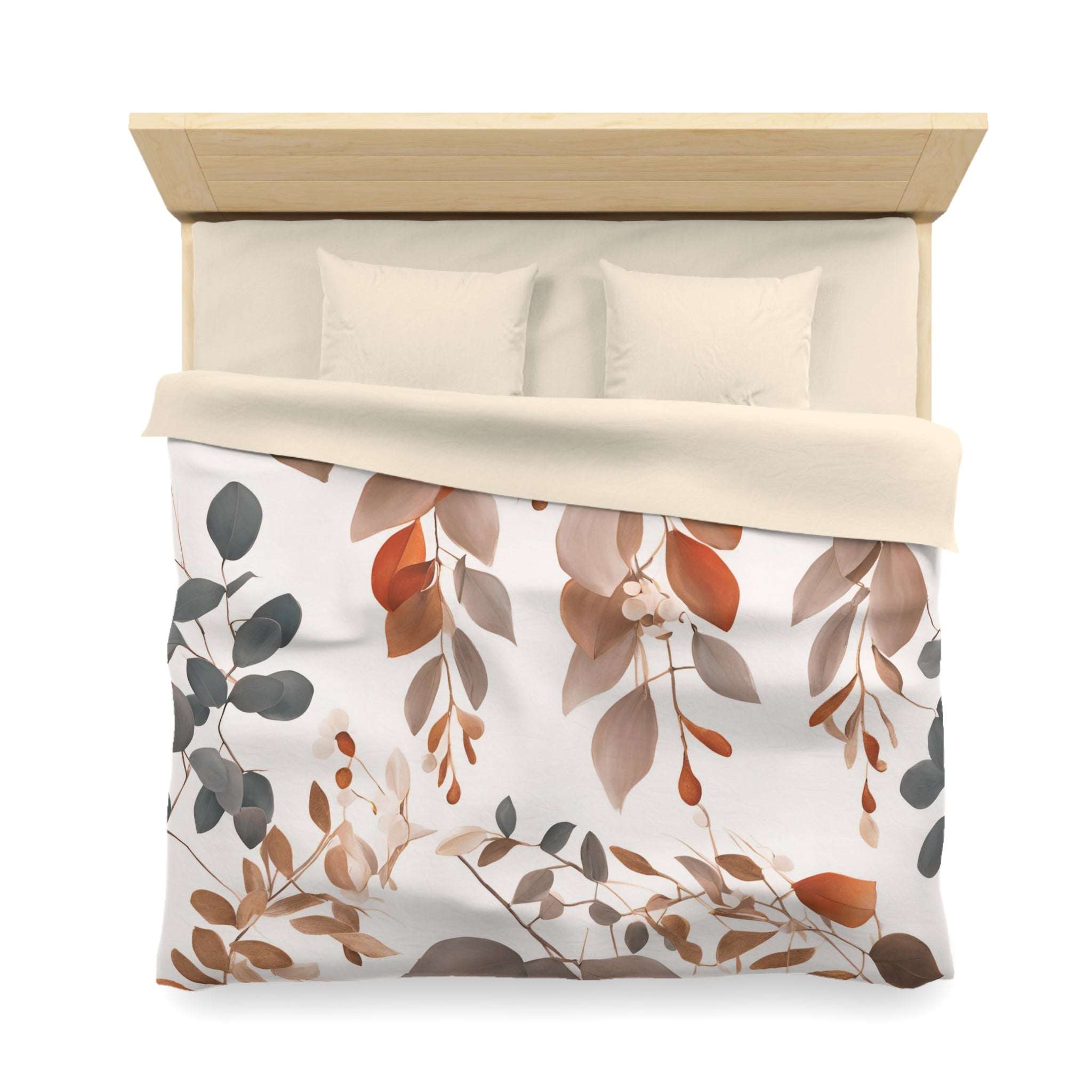 Floral Duvet Cover | Tan Beige, Orange Grey Eucalyptus Leaves Bedding Boho Decor | Bedroom Decor