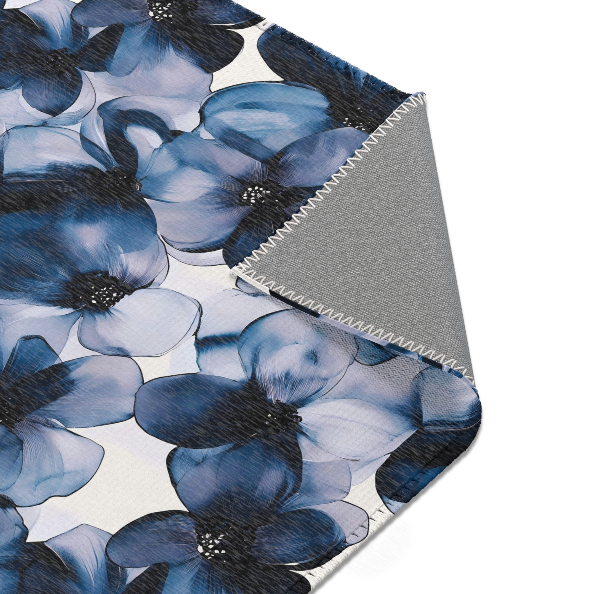 Abstract Area Rug | Floral Navy Blue, Liquid Ink Watercolor Artsy Rug