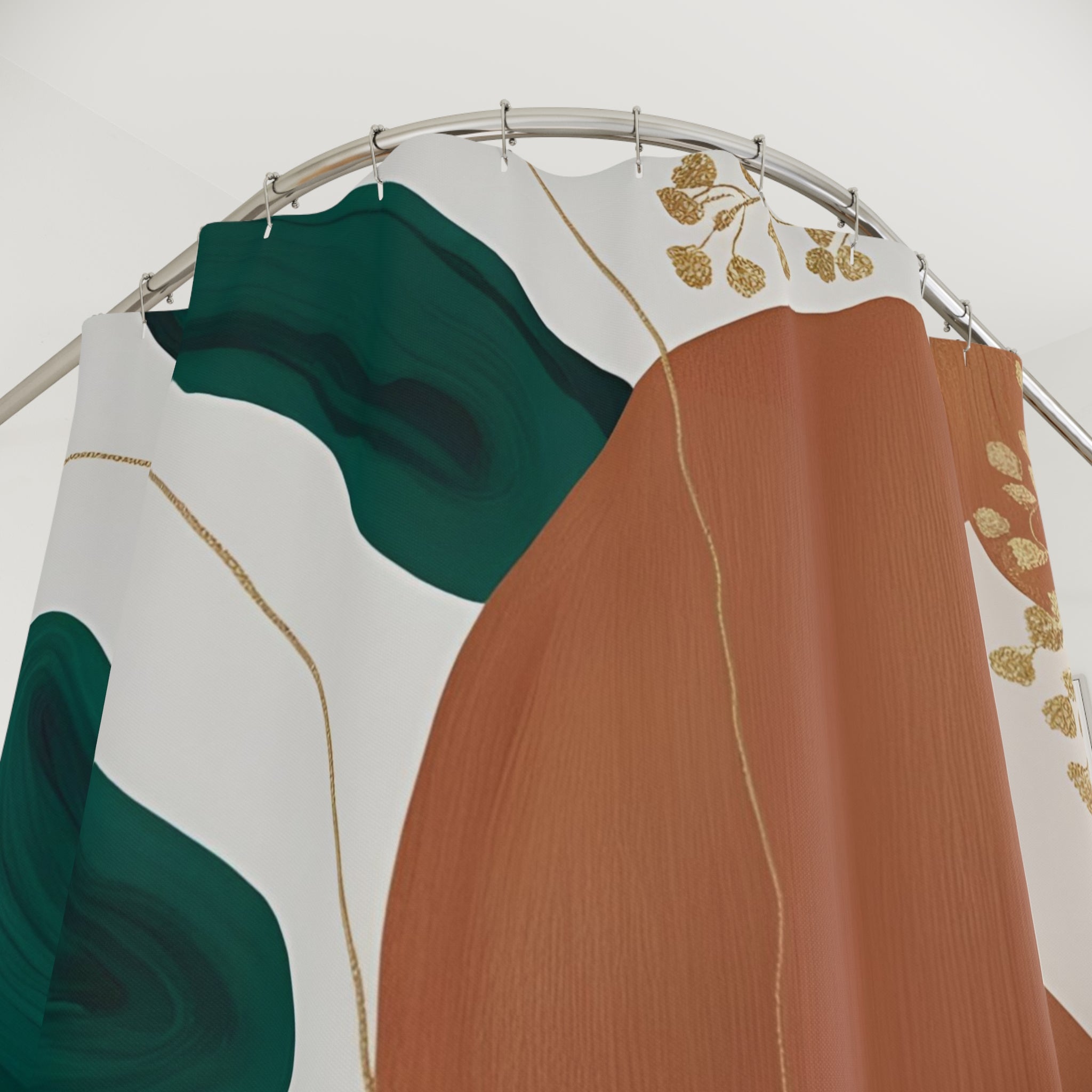 Boho Abstract Shower Curtain | Burnt Orange, Green, Gold Leaves