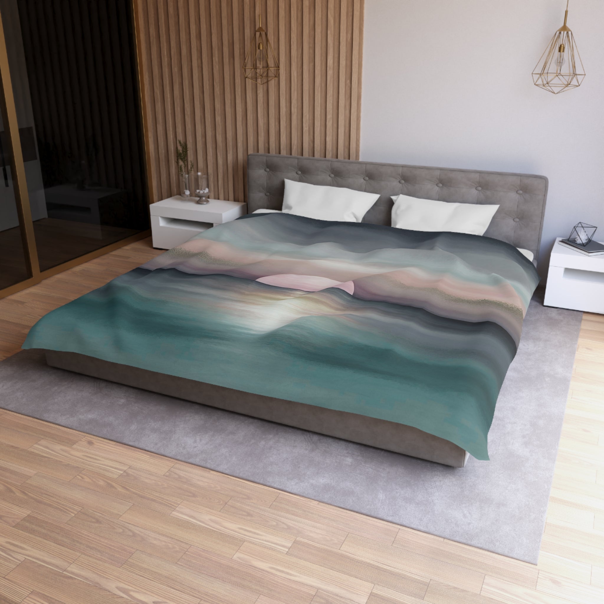 Abstract Ocean Duvet Pillow Cover Set | Teal Green Blue, Pink Sun