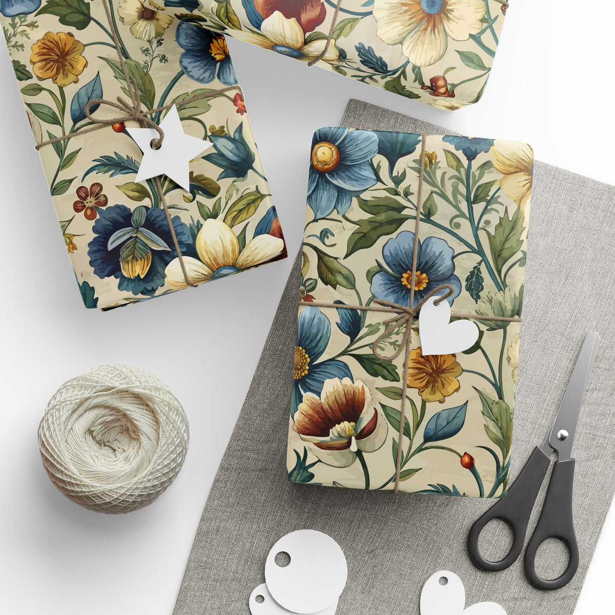Cream Blue Rust Chintz Floral Wrapping Paper, Gift Wrap