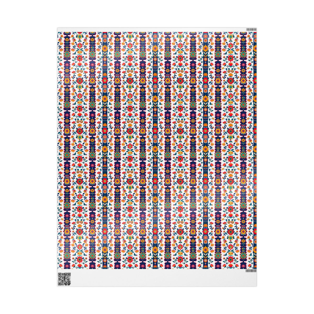 Full printed sheet of red, navy and white folk floral wrapping paper showing the repeating pattern