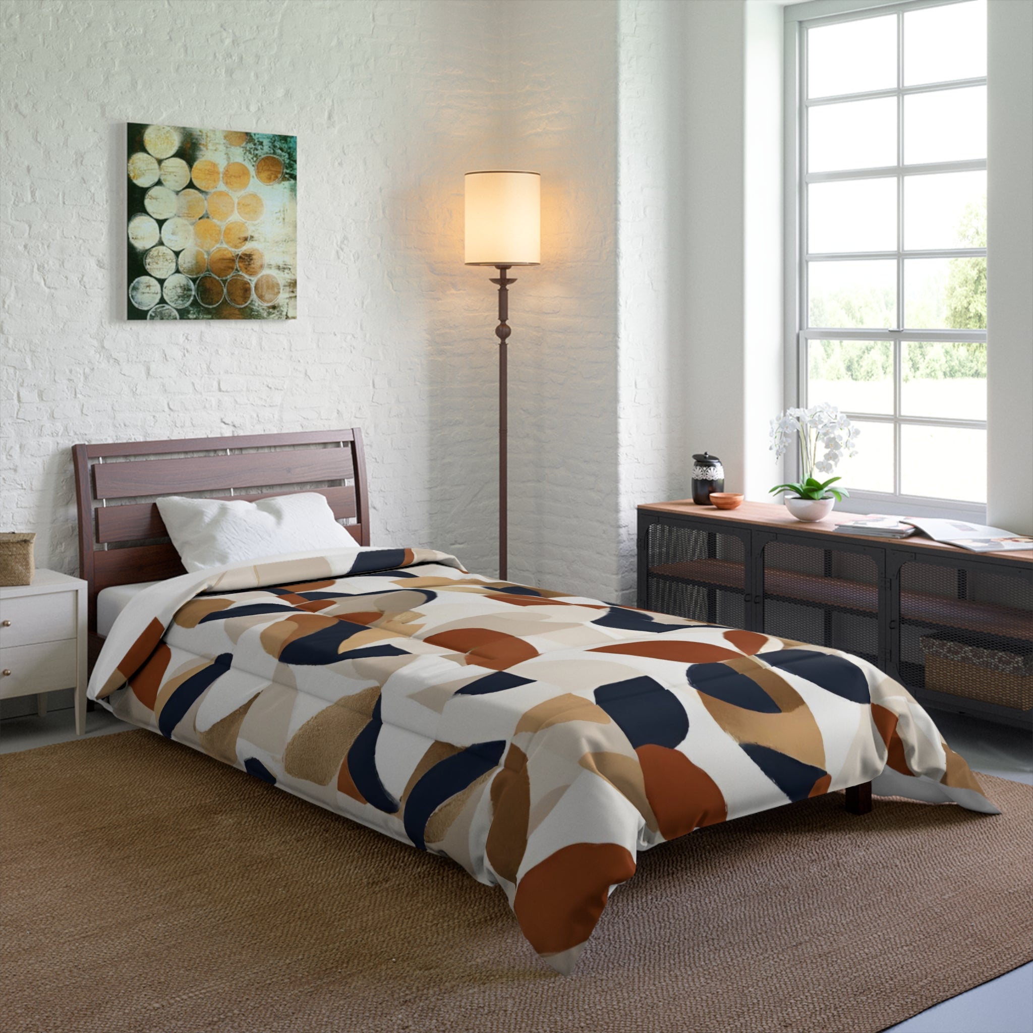 Abstract Comforter | Geometric, Navy Blue, Rust, Beige Gold