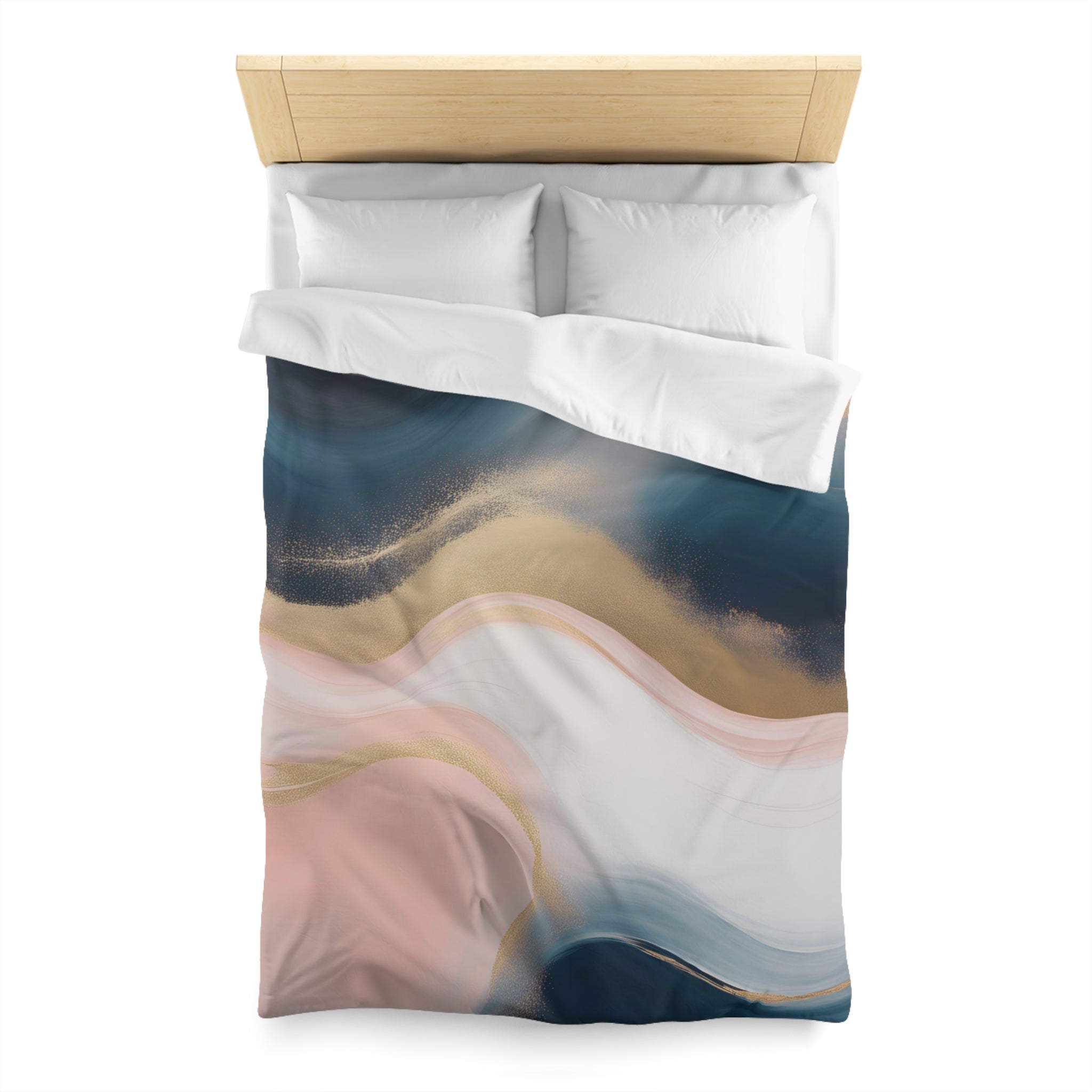 a bed with a colorful, abstract patterned comforter and pillows.