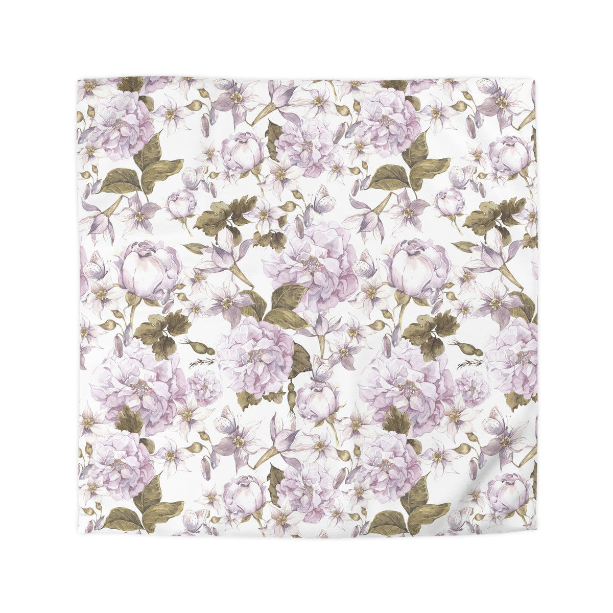 a square-shaped floral print with a repeating pattern of pink and white flowers and leaves.