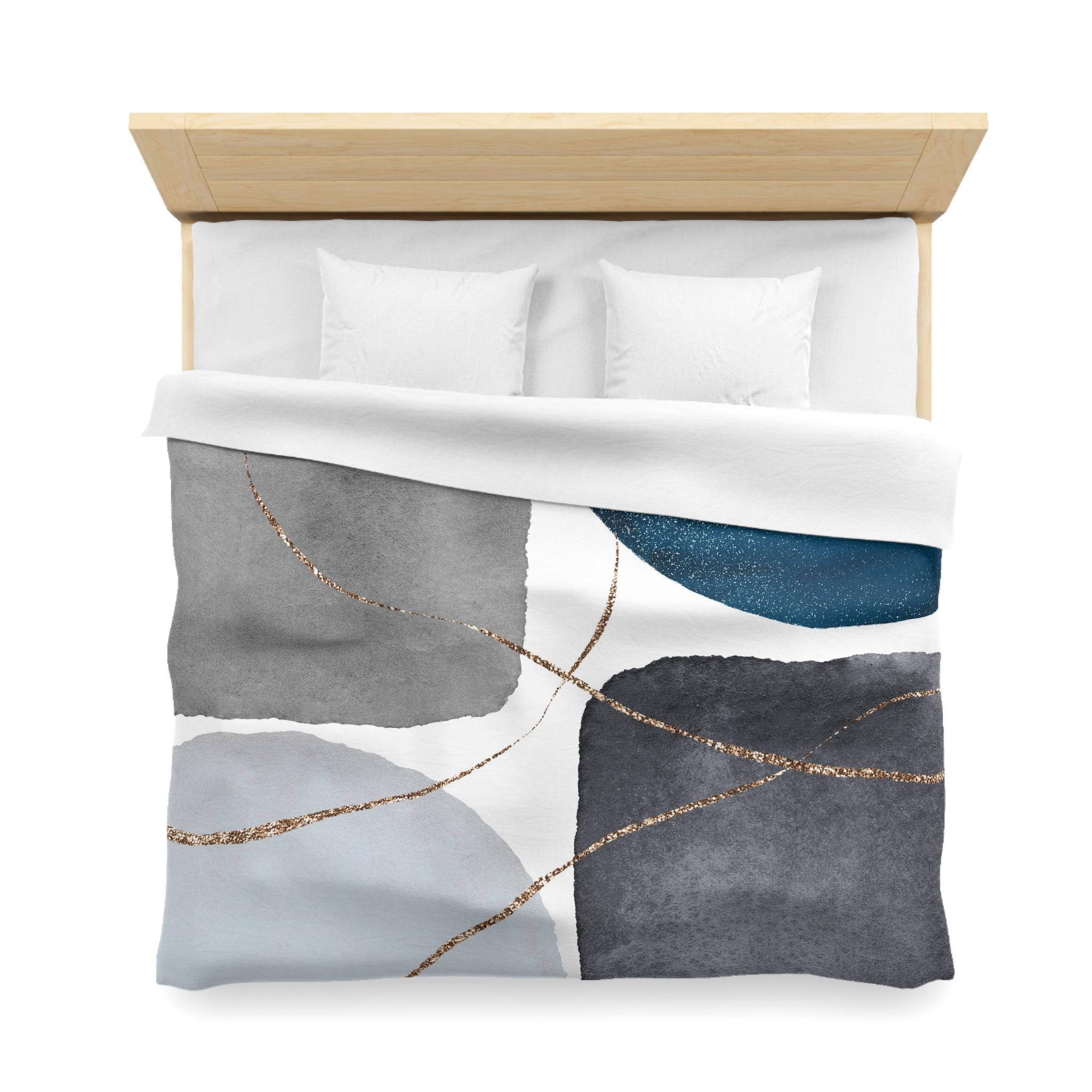 a neatly made bed with a white comforter and a blue and gray abstract pattern on the bedspread.