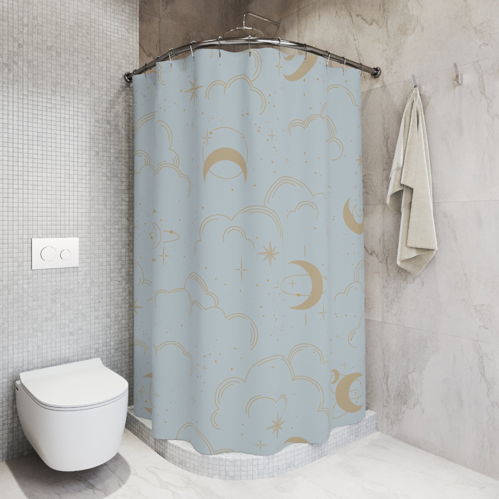 Boho Shower Curtain | Cosmic Moon Clouds, Powder Blue Beige