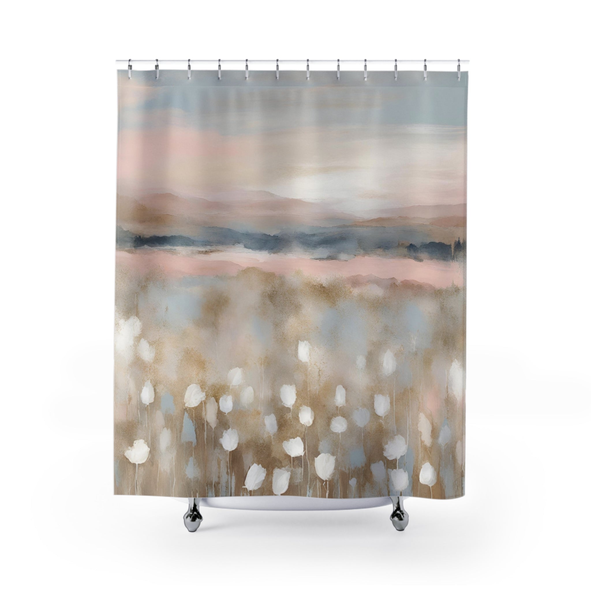 Boho Shower Curtain | Pink Blue Sky, Beige Meadow