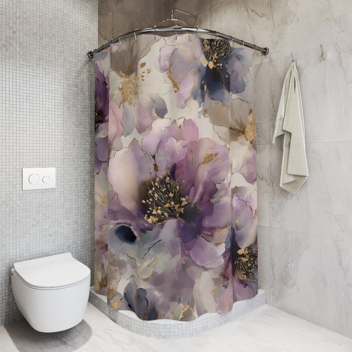 a bathroom with a shower curtain adorned with a floral pattern in shades of purple and gold. The shower curtain is hanging from a rod next to a towel. The bathroom has a white toilet and a white tiled wall.