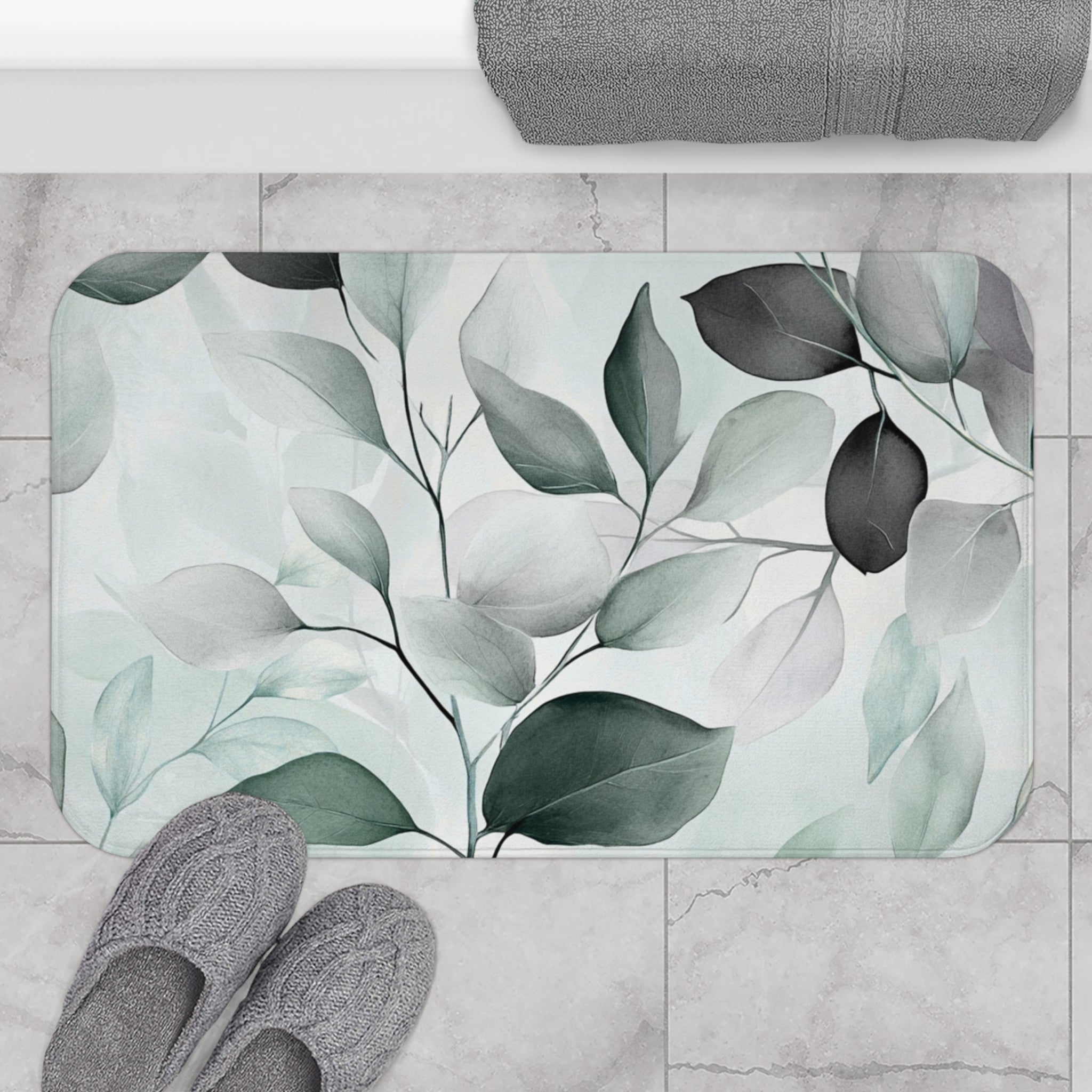 Floral Bath Mat | Sage Green Grey Leaves Kitchen Mat