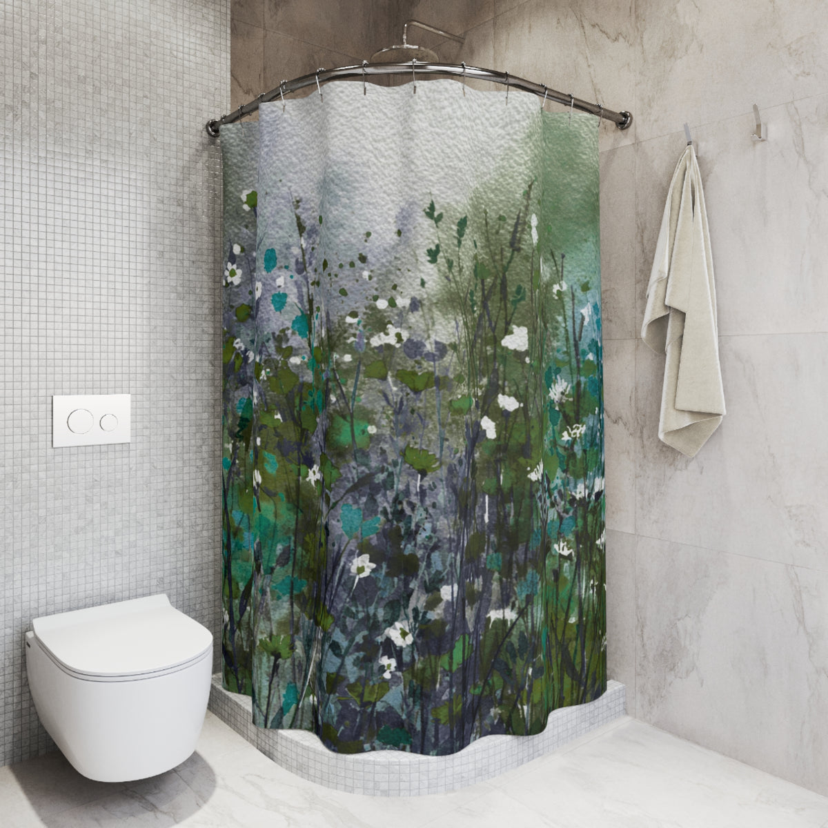 a bathroom with a shower curtain that has a floral pattern in shades of green and white. The shower curtain is hanging from a rod next to a towel. The bathroom also includes a toilet and a sink.