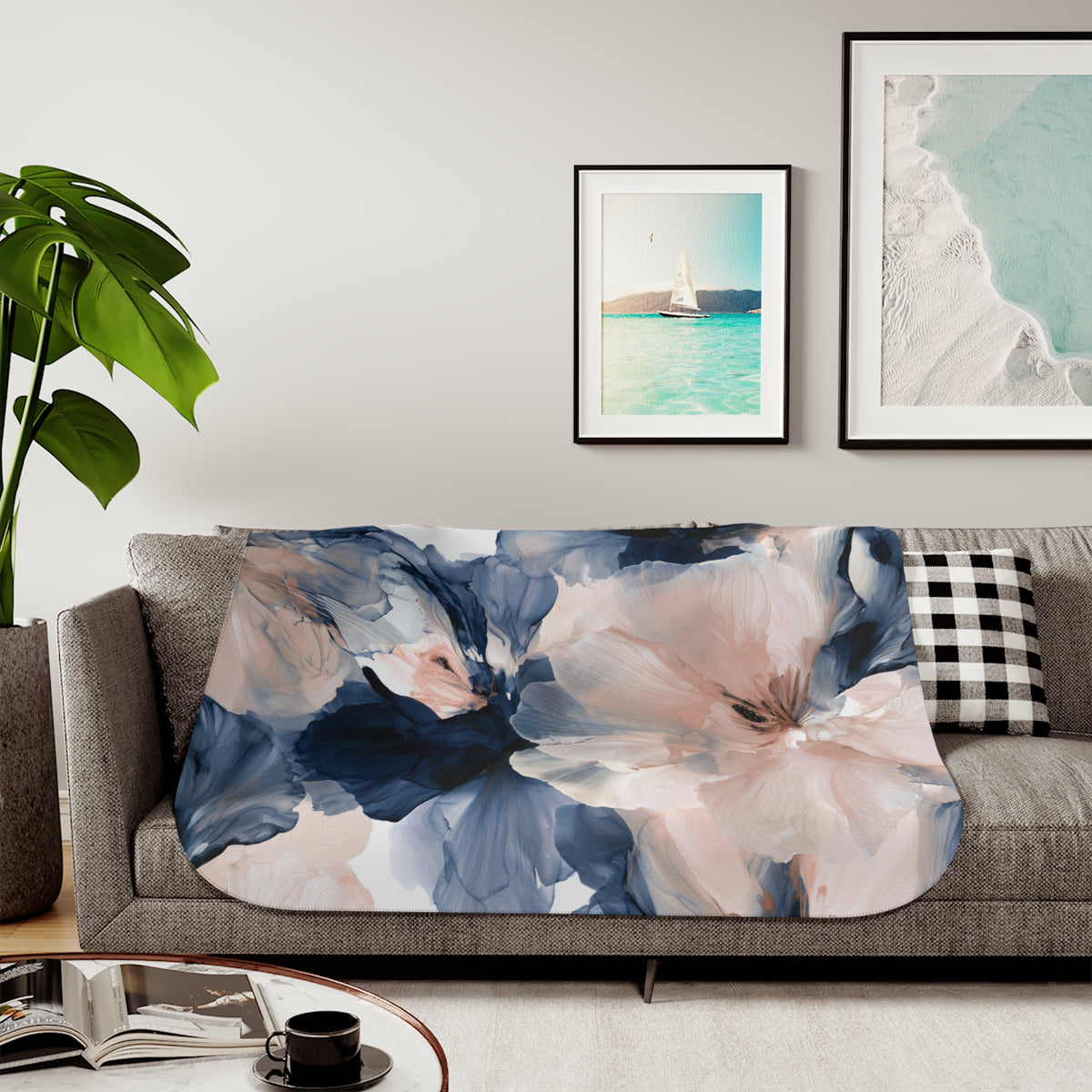 a living room with a couch covered in a blanket