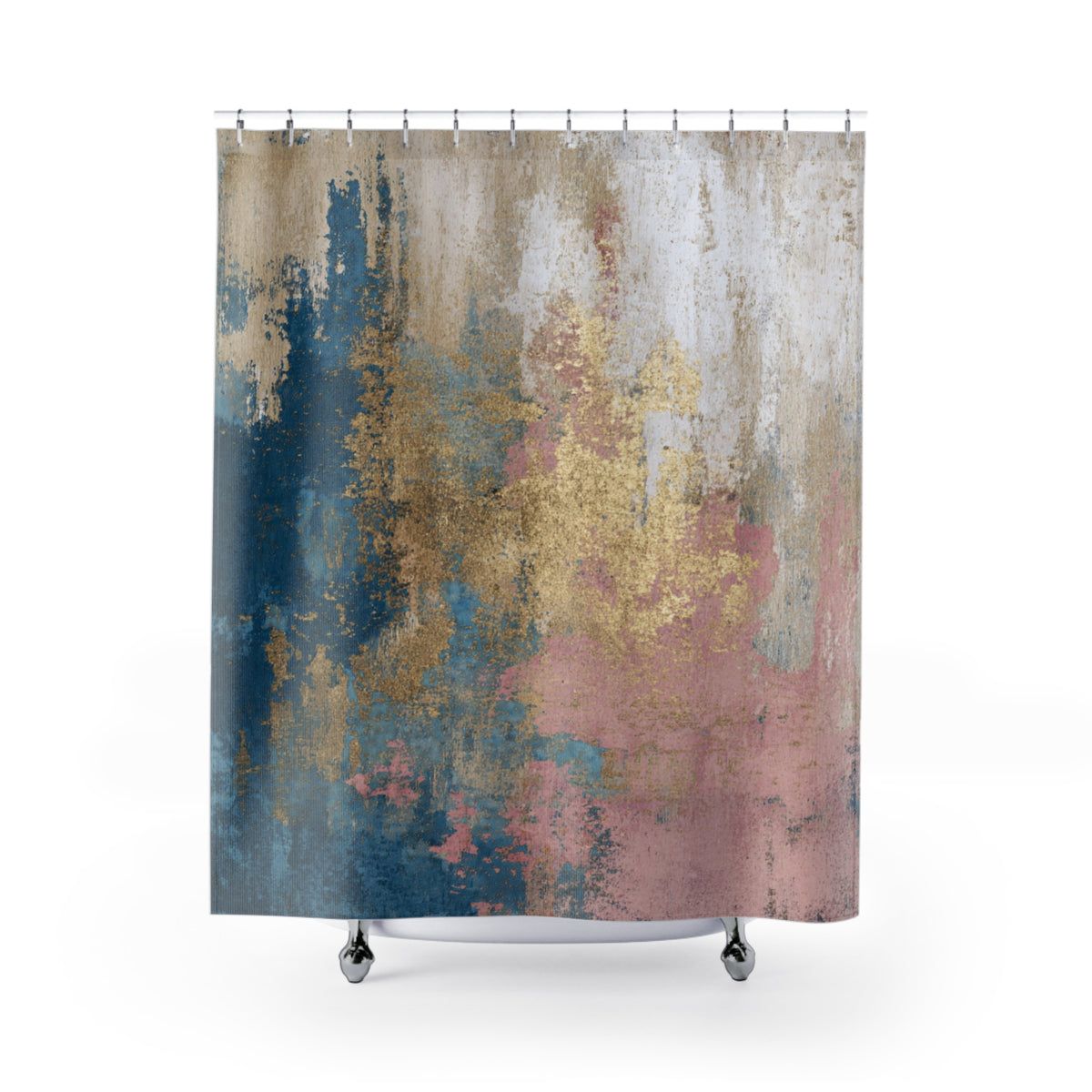 a vibrant abstract painting with a mix of blue, pink, and gold colors, creating a dynamic and eye-catching design.