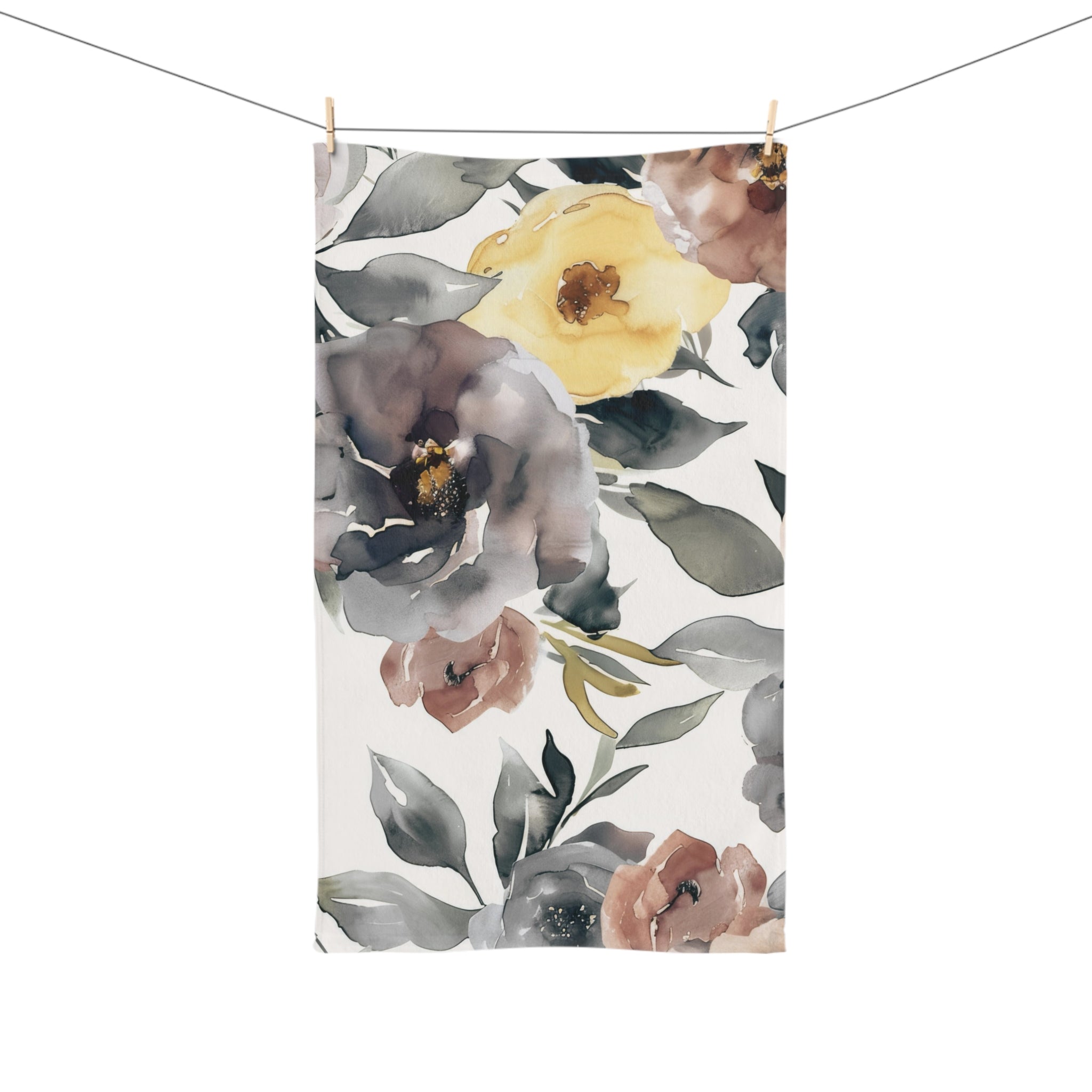 Kitchen, Bath Hand Towel | Floral Grey, Peach Yellow Roses Towel
