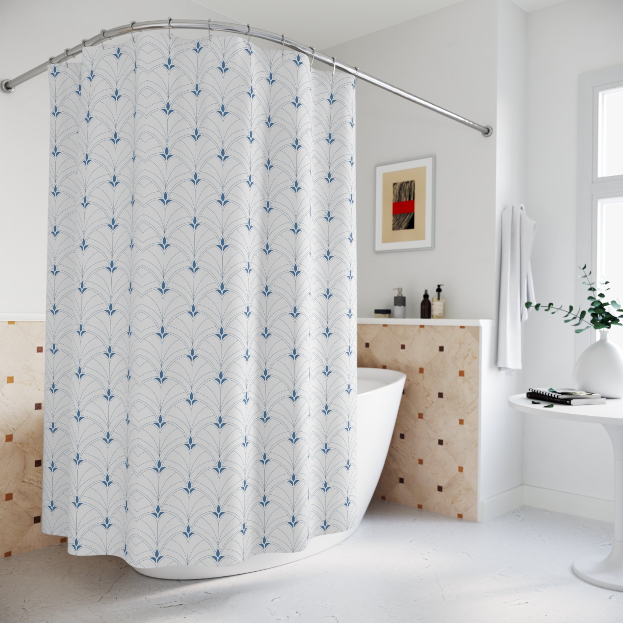 Boho Shower Curtain | Retro White Blue Art Deco, Nouveau