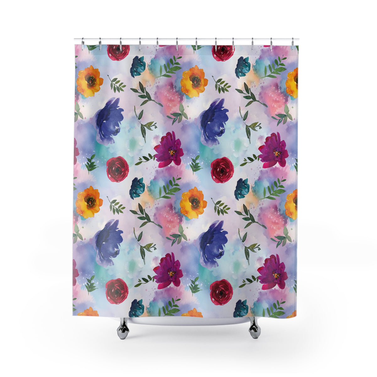 a vibrant and colorful floral pattern on a shower curtain.