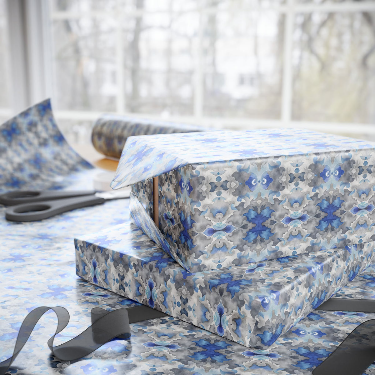 Blue Grey Watercolor Mirrored Wrapping Paper, Abstract Gift Wrap