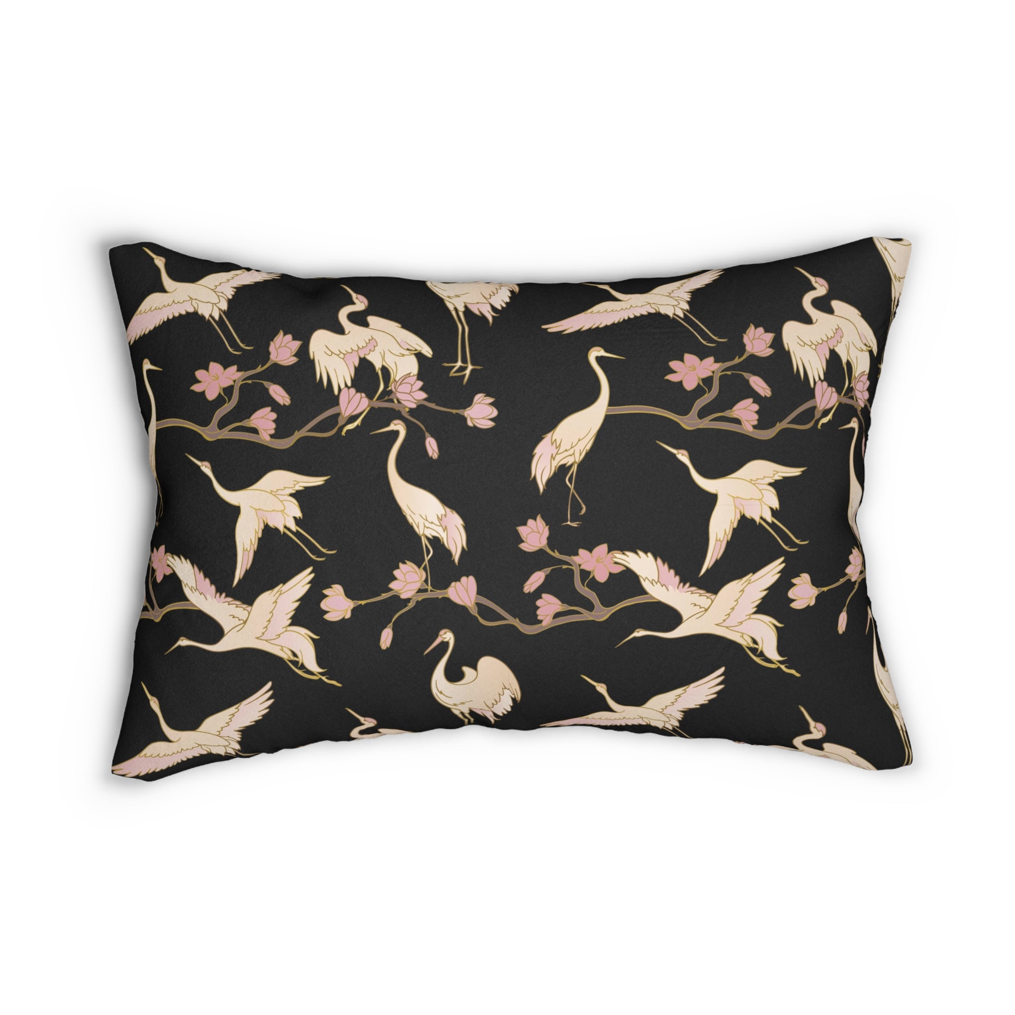 Stork Lumbar Pillow | Black Beige Japanese Crane Birds