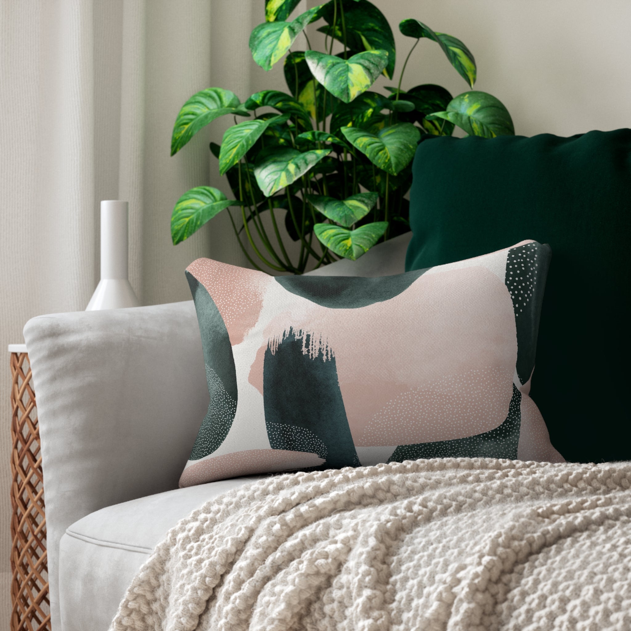 Abstract Lumbar Pillow | Blush Pink White Green Watercolor