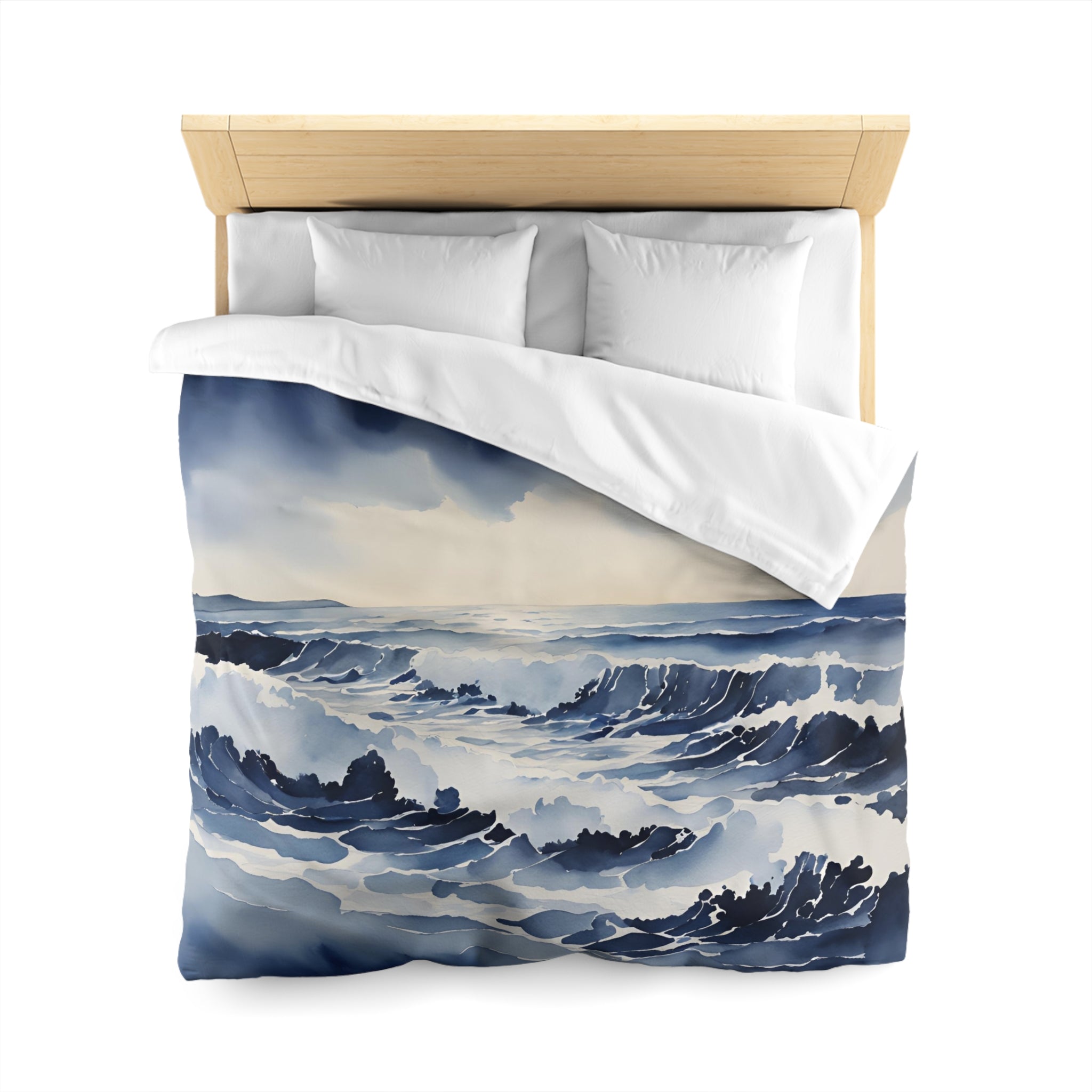 a bed with a white comforter and pillows, featuring a watercolor painting of a stormy ocean scene.