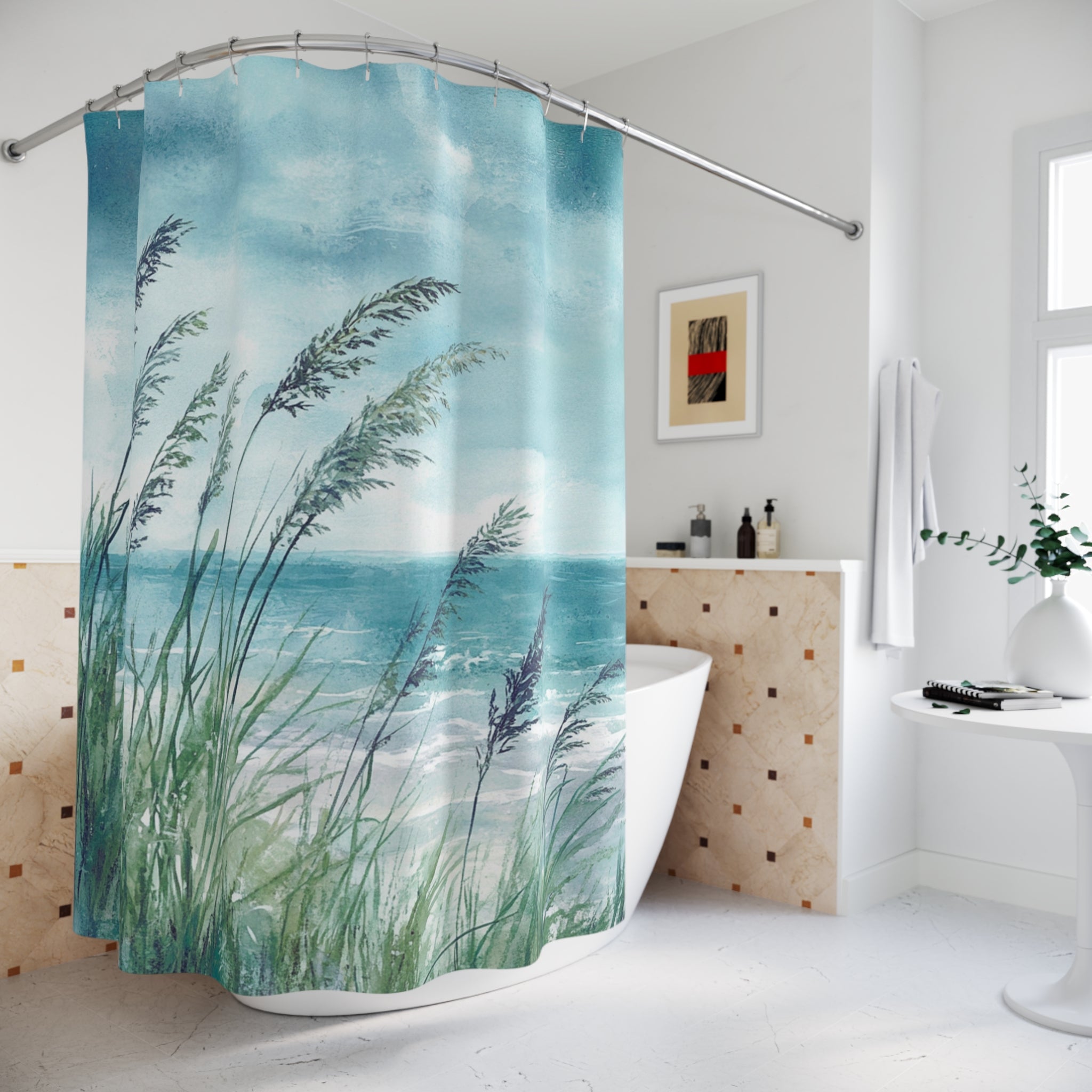 Boho Shower Curtain | Blue Sky Ocean, Green Wild Nature